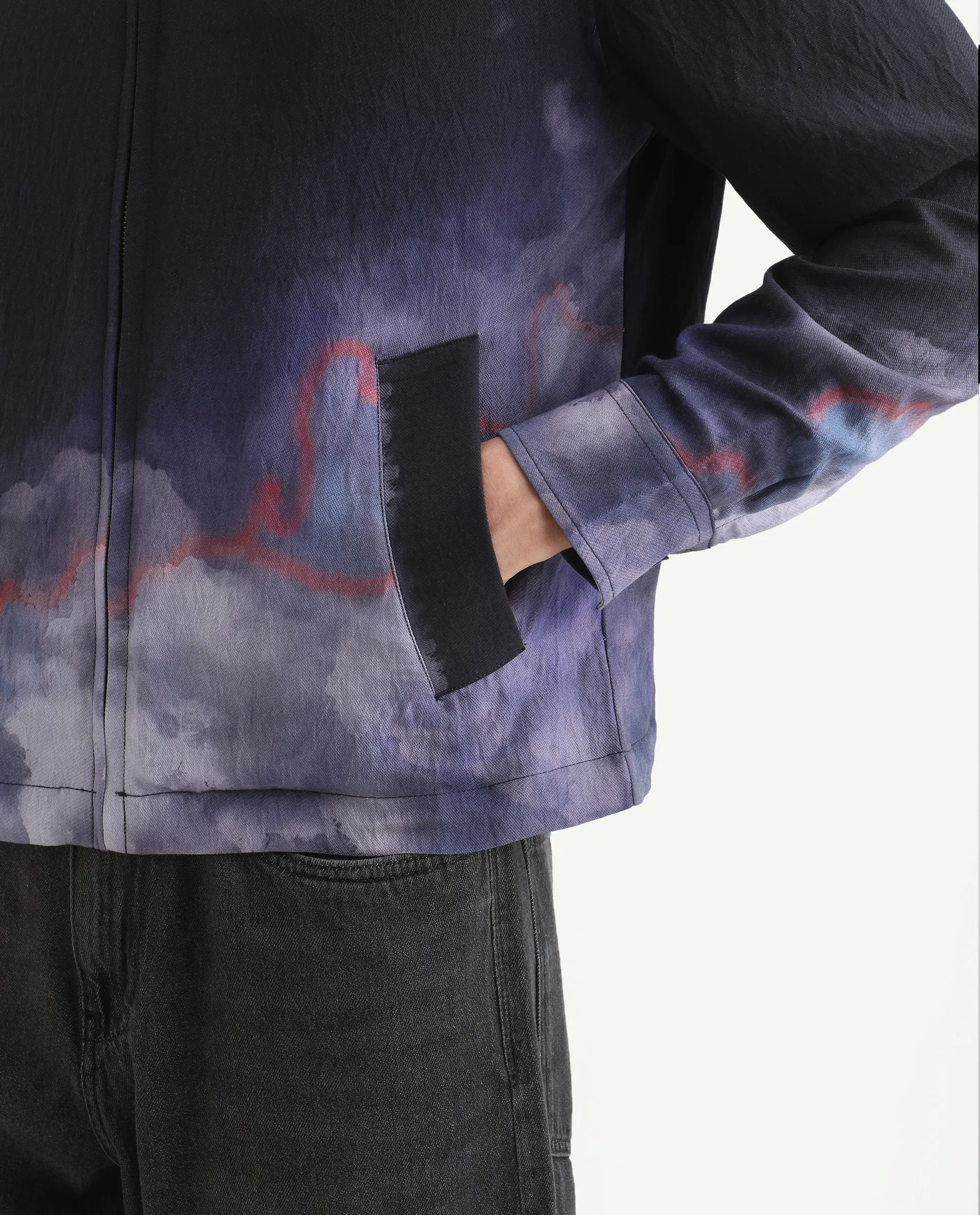 Rare Rabbit Men's Cloudy Navy Viscose Blend Fabric Spread Collar Regular Fit Ombre Print Jacket - Image 3
