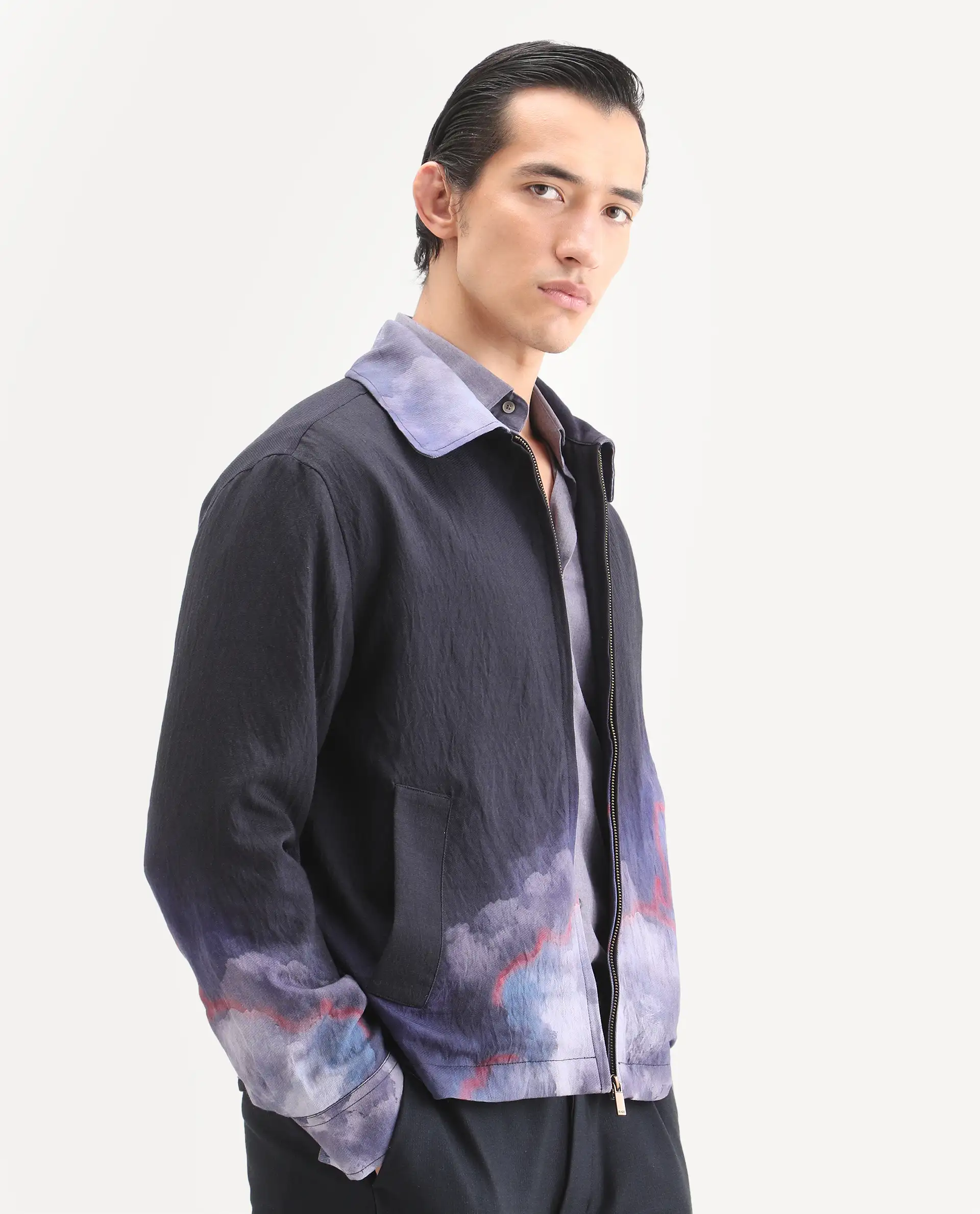 Rare Rabbit Men's Cloudy Navy Viscose Blend Fabric Spread Collar Regular Fit Ombre Print Jacket - Image 4