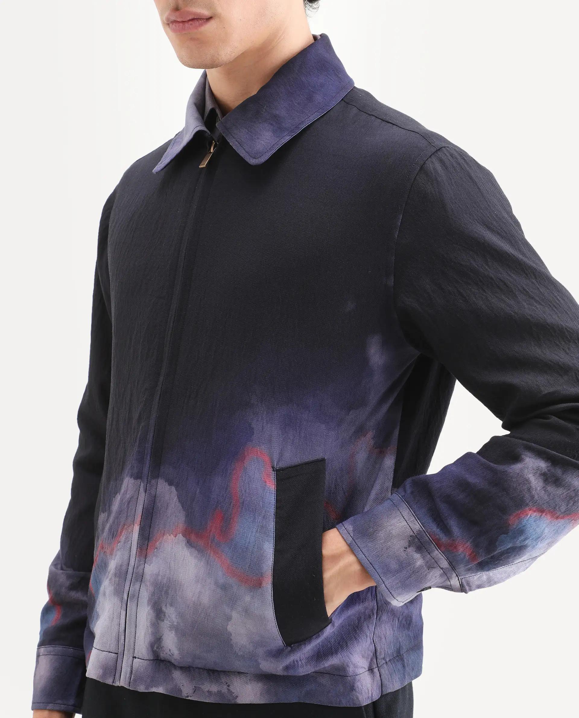 Rare Rabbit Men's Cloudy Navy Viscose Blend Fabric Spread Collar Regular Fit Ombre Print Jacket - Image 5