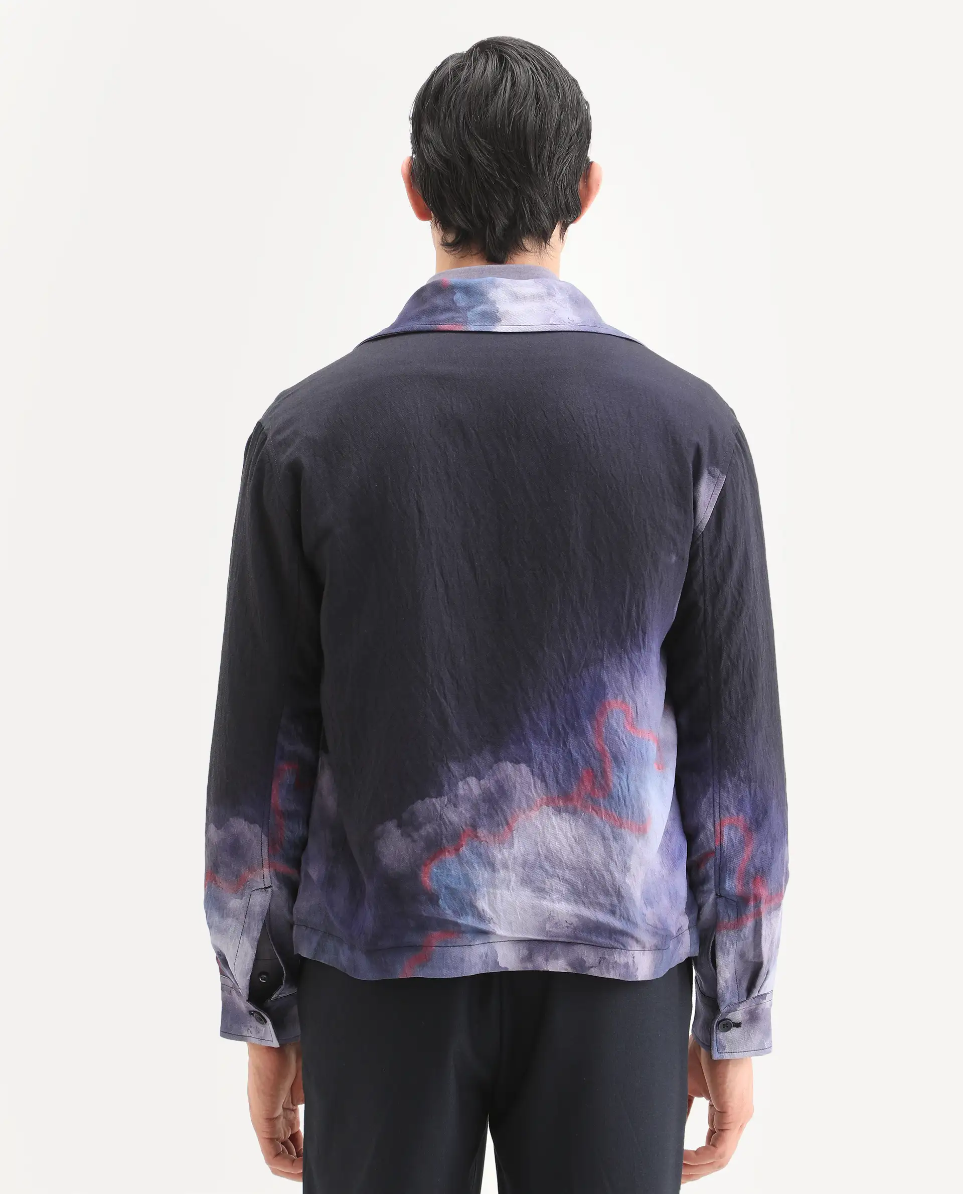 Rare Rabbit Men's Cloudy Navy Viscose Blend Fabric Spread Collar Regular Fit Ombre Print Jacket - Image 6
