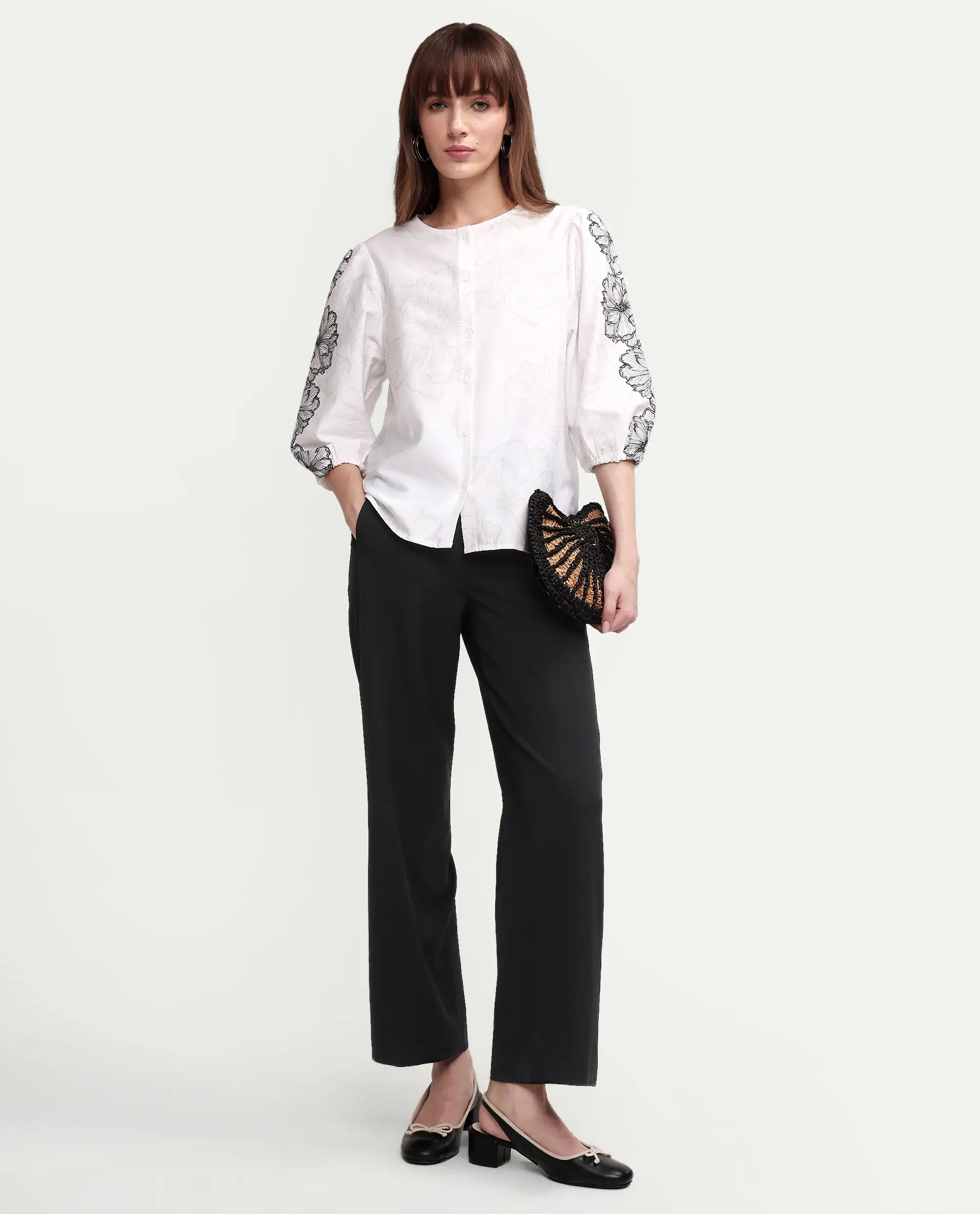 Rareism Women's Clov White Cotton 3/4Th Sleeve Regular Fit Floral Print Top - Image 2