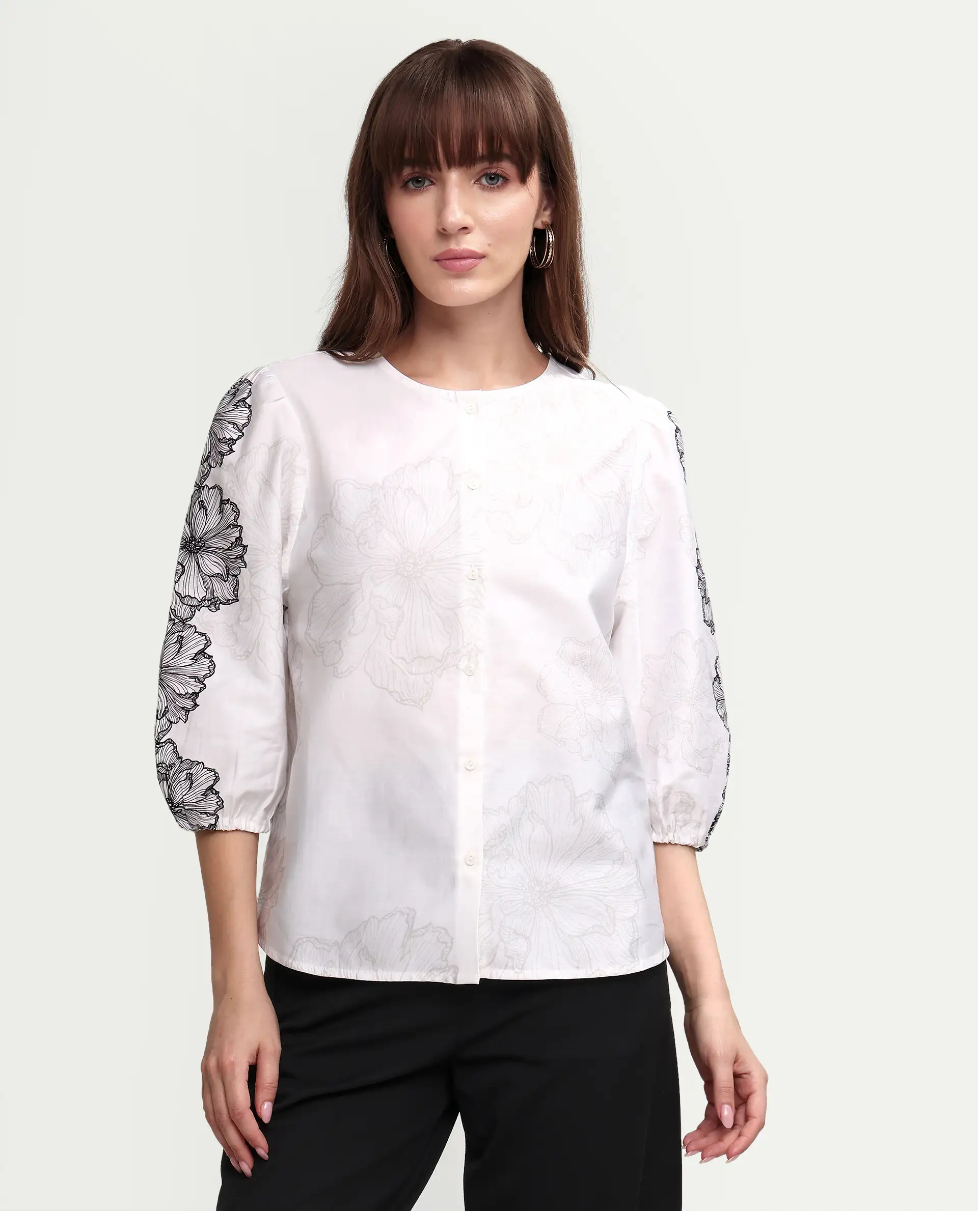 Rareism Women's Clov White Cotton 3/4Th Sleeve Regular Fit Floral Print Top - Image 4