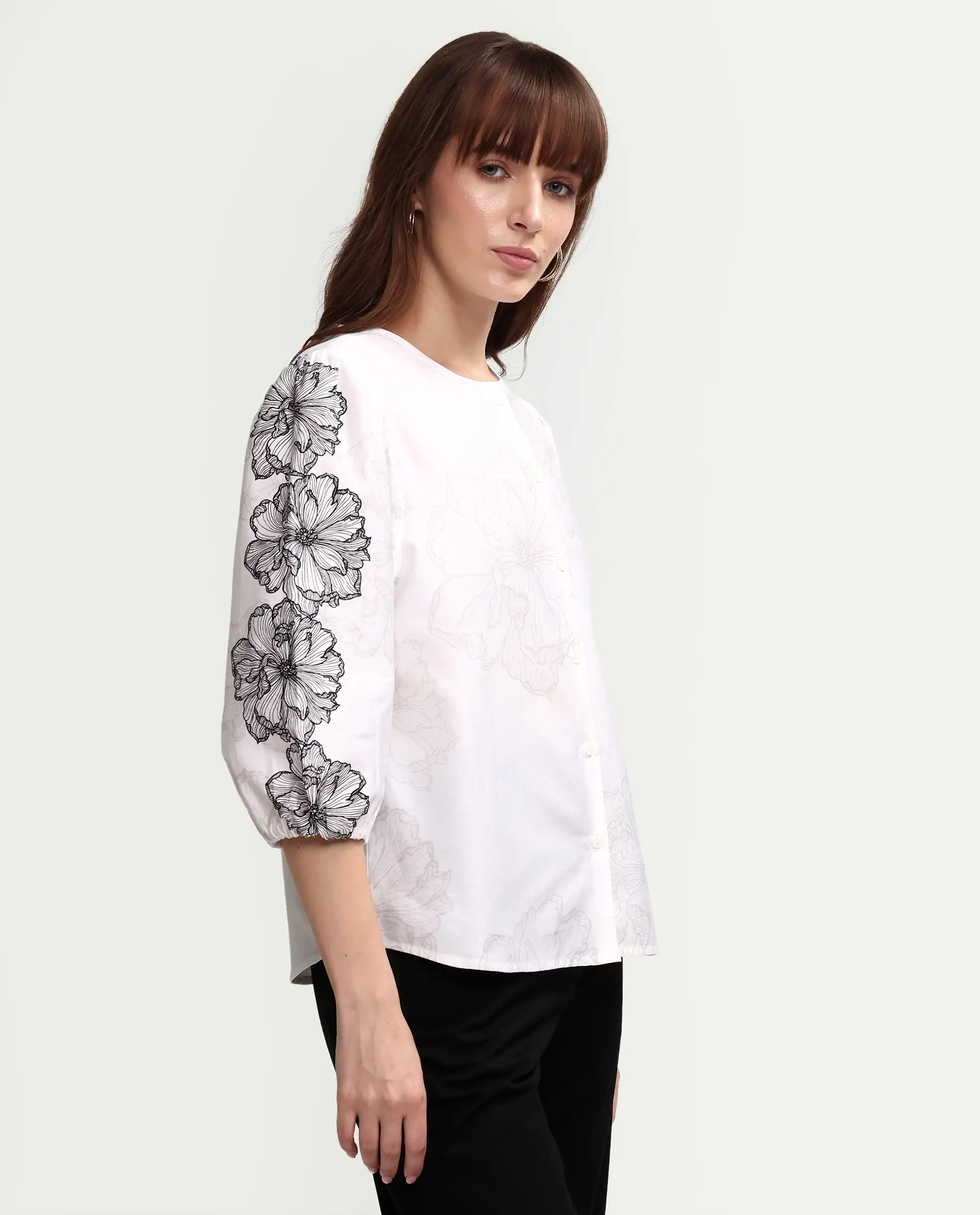 Rareism Women's Clov White Cotton 3/4Th Sleeve Regular Fit Floral Print Top - Image 5