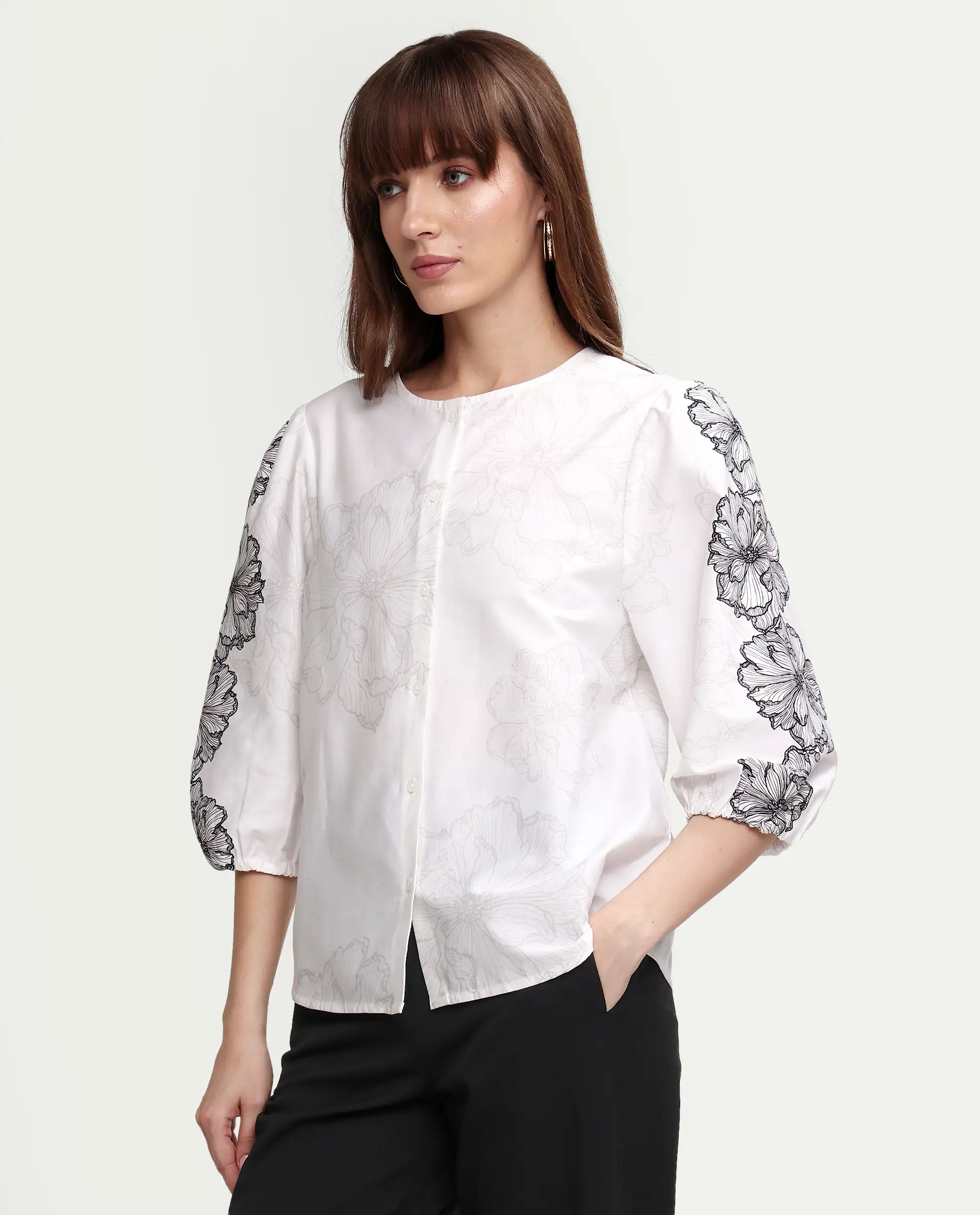 Rareism Women's Clov White Cotton 3/4Th Sleeve Regular Fit Floral Print Top - Image 6