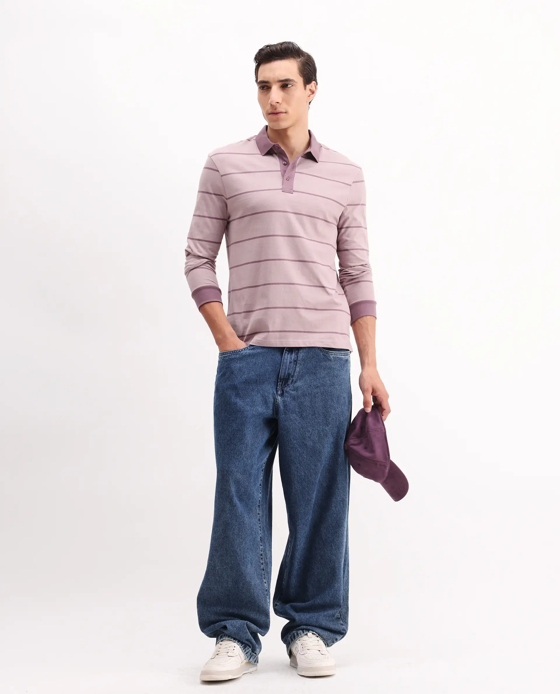 Rare Rabbit Men's Clove Dusky Pink Cotton Striped Print Regular Fit Full Sleeve Polo - Image 2