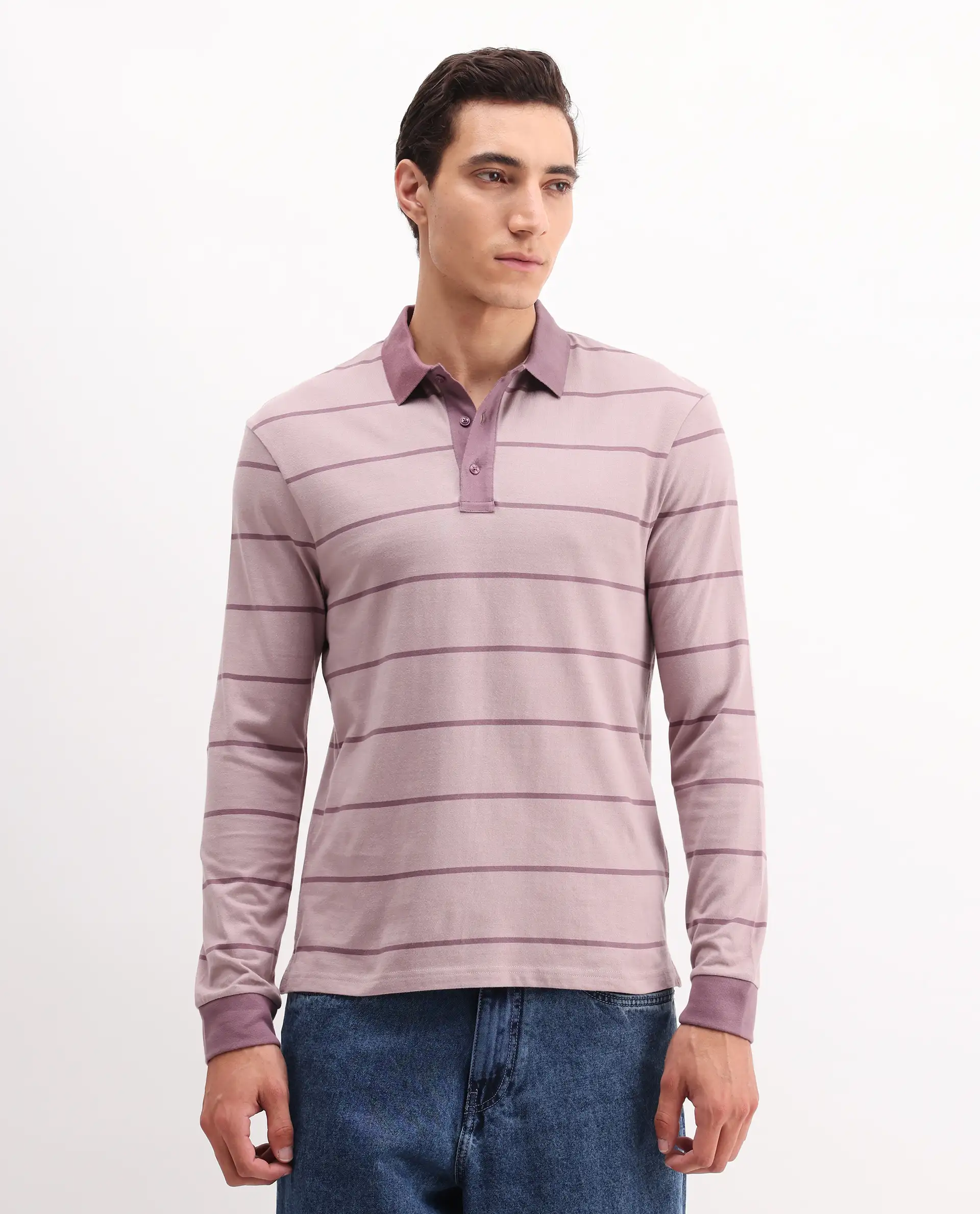 Rare Rabbit Men's Clove Dusky Pink Cotton Striped Print Regular Fit Full Sleeve Polo - Image 3