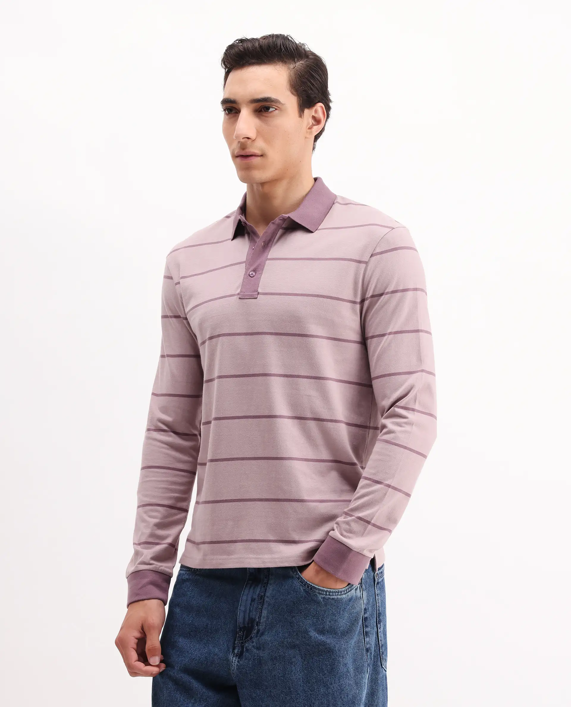 Rare Rabbit Men's Clove Dusky Pink Cotton Striped Print Regular Fit Full Sleeve Polo - Image 5