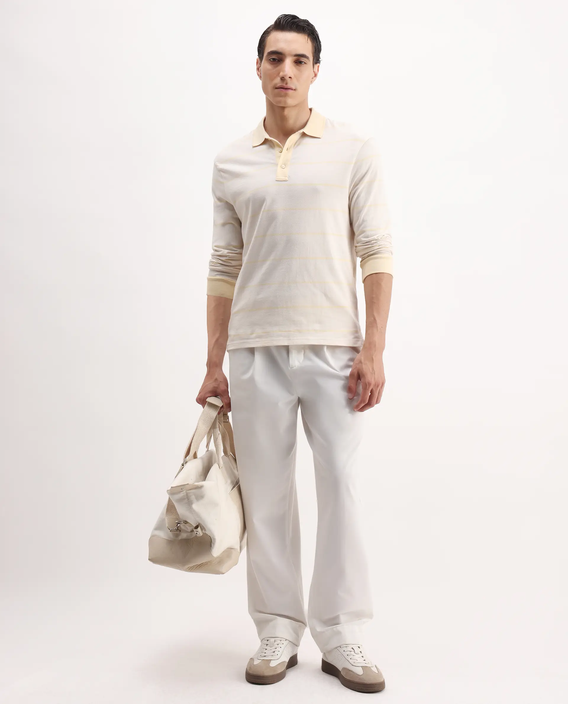 Rare Rabbit Men's Clove Off White Cotton Striped Print Regular Fit Full Sleeve Polo - Image 2