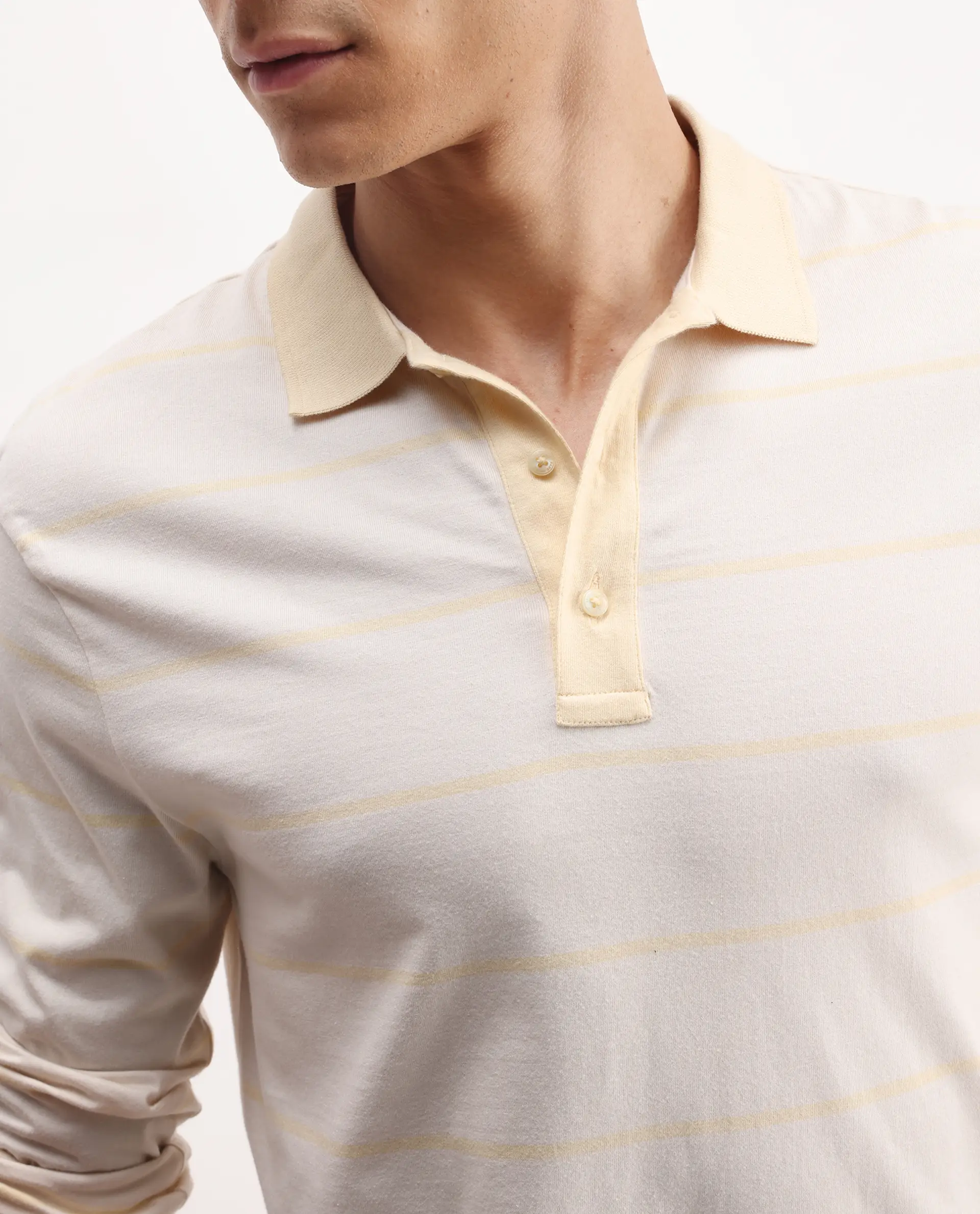 Rare Rabbit Men's Clove Off White Cotton Striped Print Regular Fit Full Sleeve Polo - Image 3