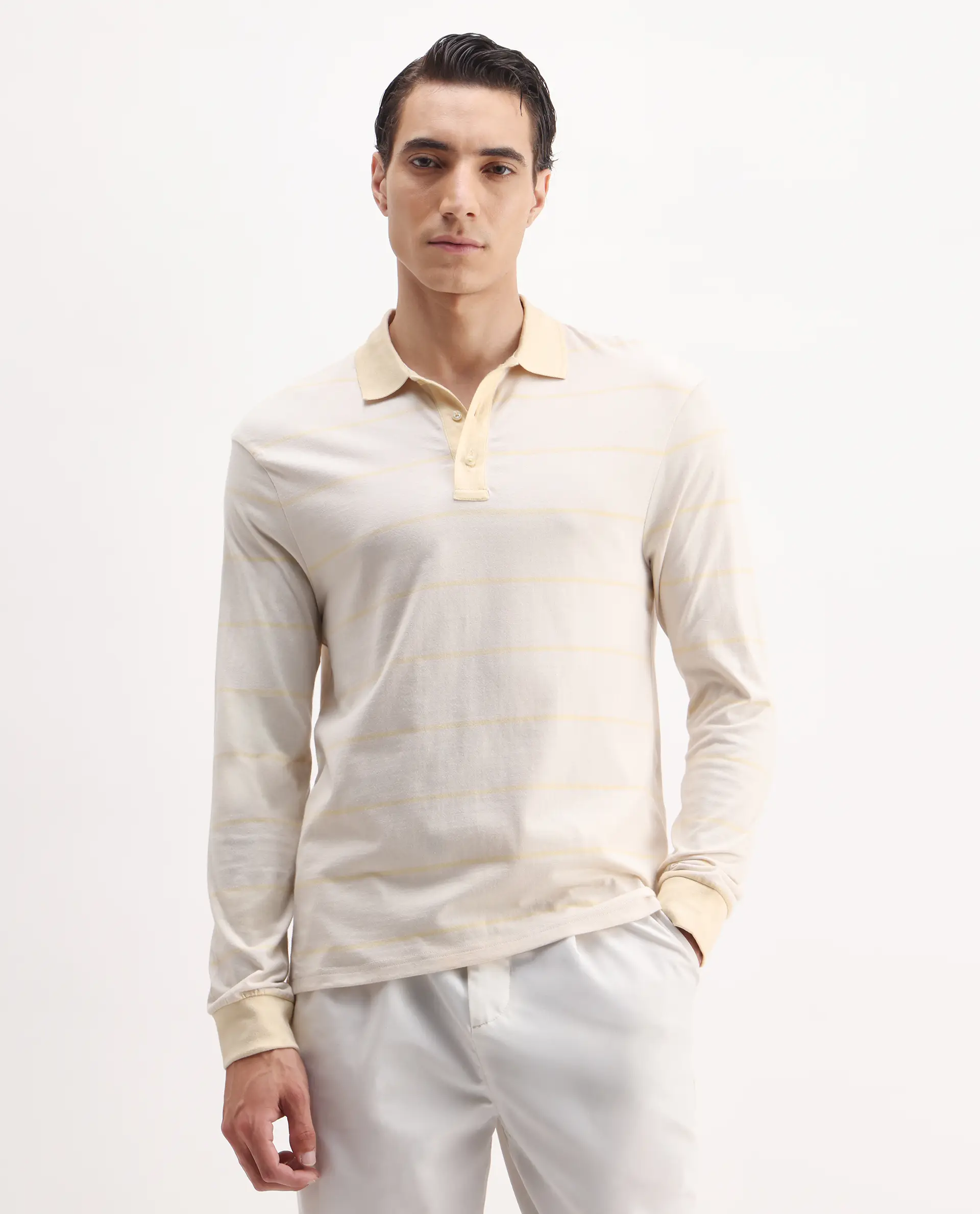 Rare Rabbit Men's Clove Off White Cotton Striped Print Regular Fit Full Sleeve Polo - Image 4