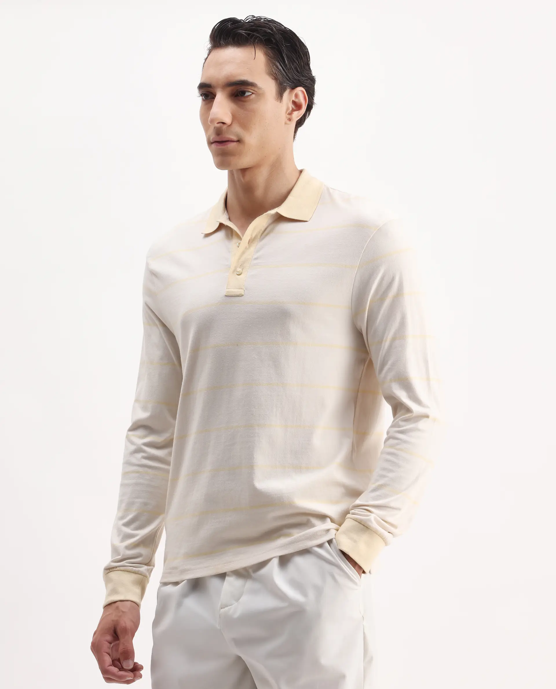 Rare Rabbit Men's Clove Off White Cotton Striped Print Regular Fit Full Sleeve Polo - Image 5