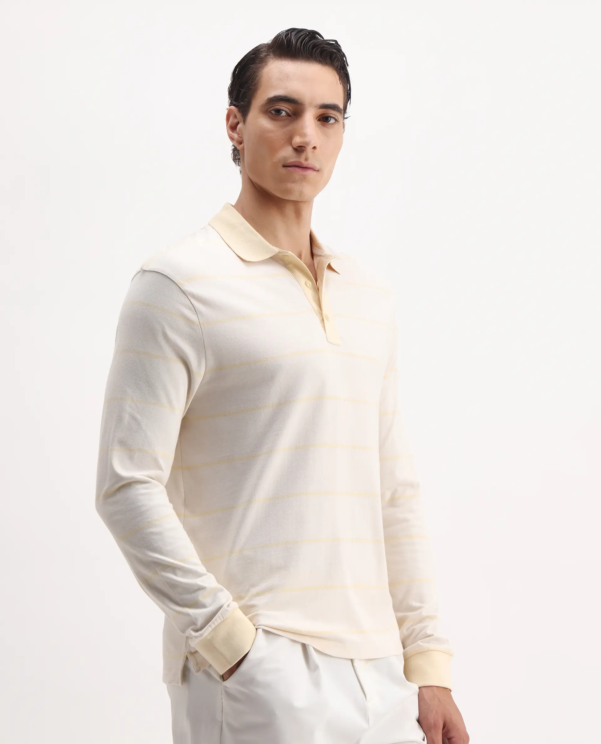 Rare Rabbit Men's Clove Off White Cotton Striped Print Regular Fit Full Sleeve Polo - Image 6