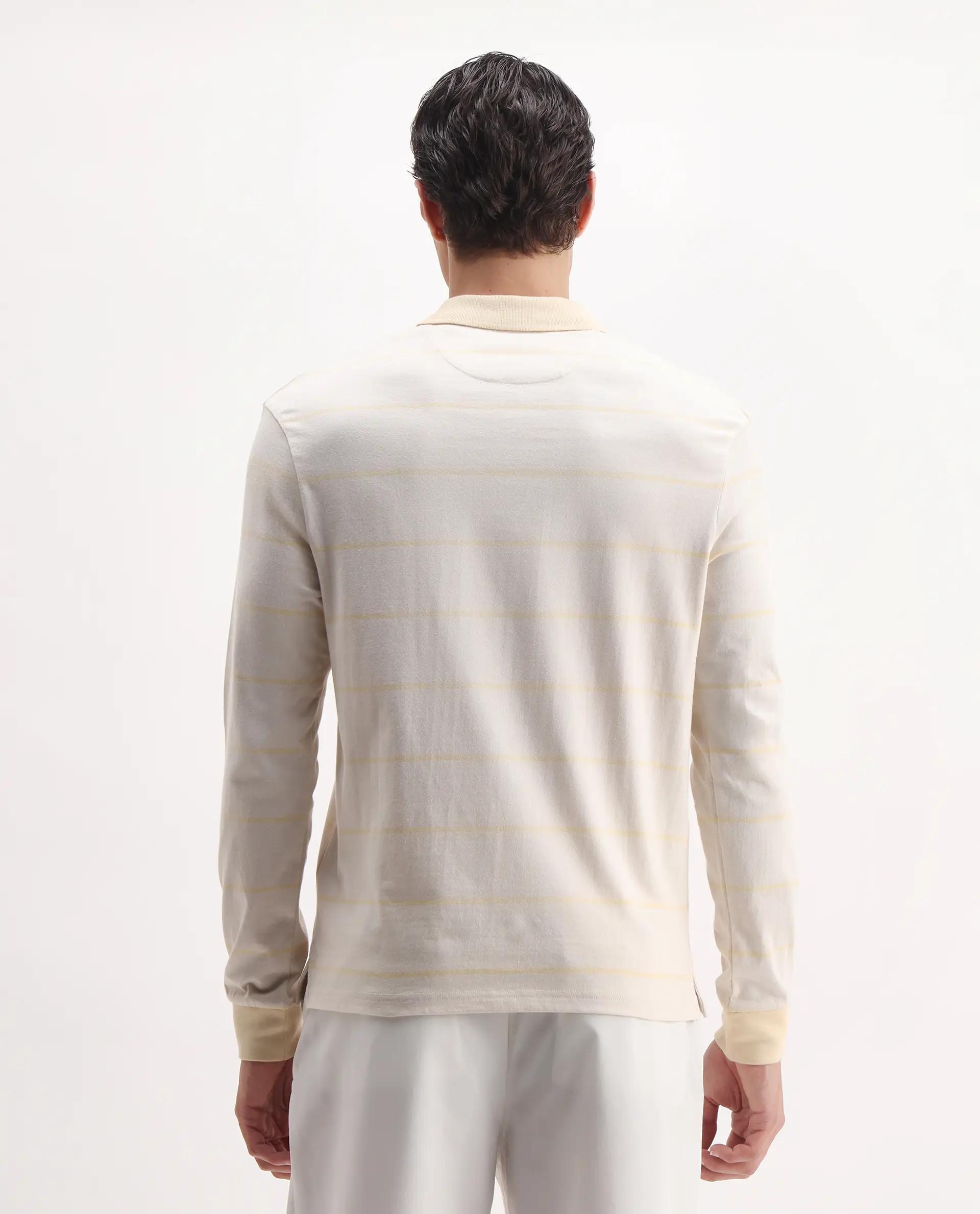 Rare Rabbit Men's Clove Off White Cotton Striped Print Regular Fit Full Sleeve Polo - Image 7