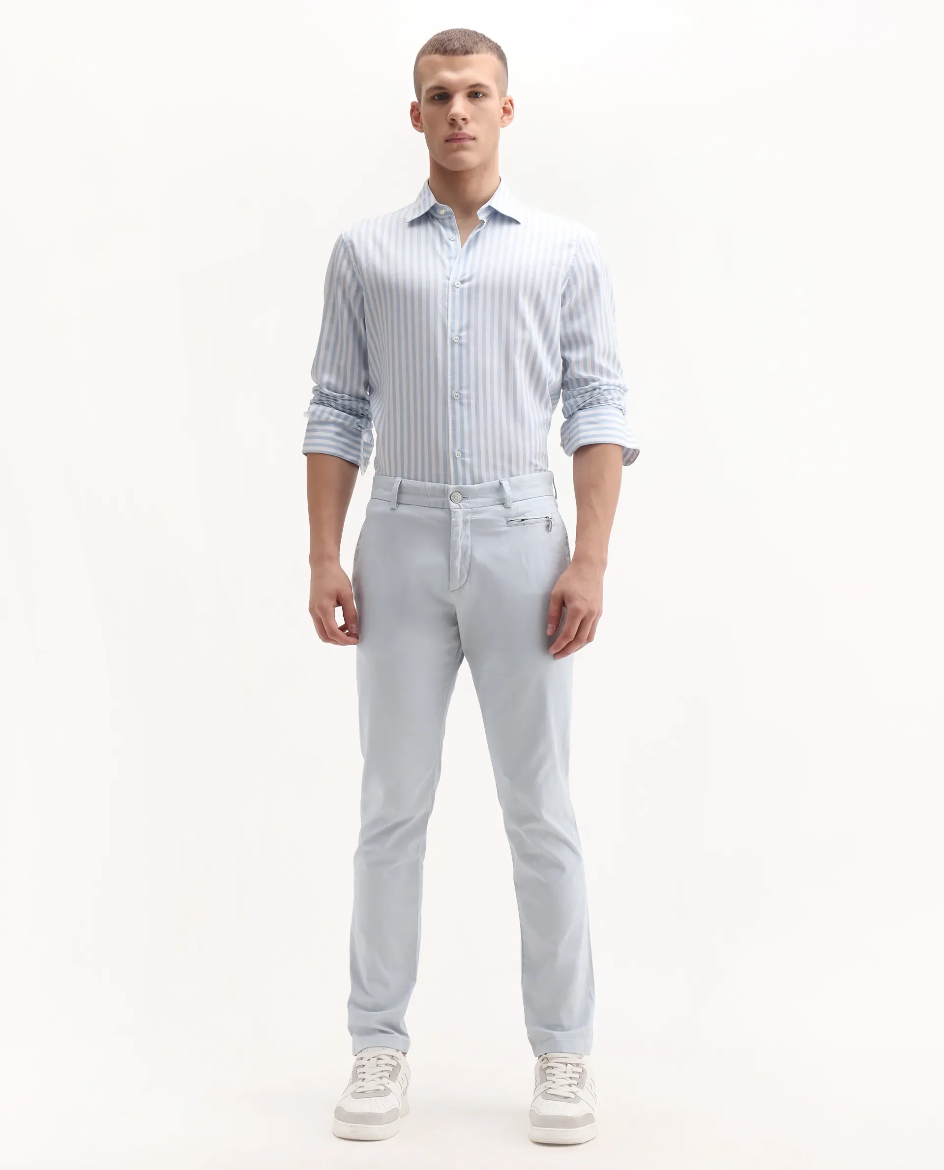 Rare Rabbit Men's Clovet Light Blue Cotton Plain Regular Fit Trouser - Image 4