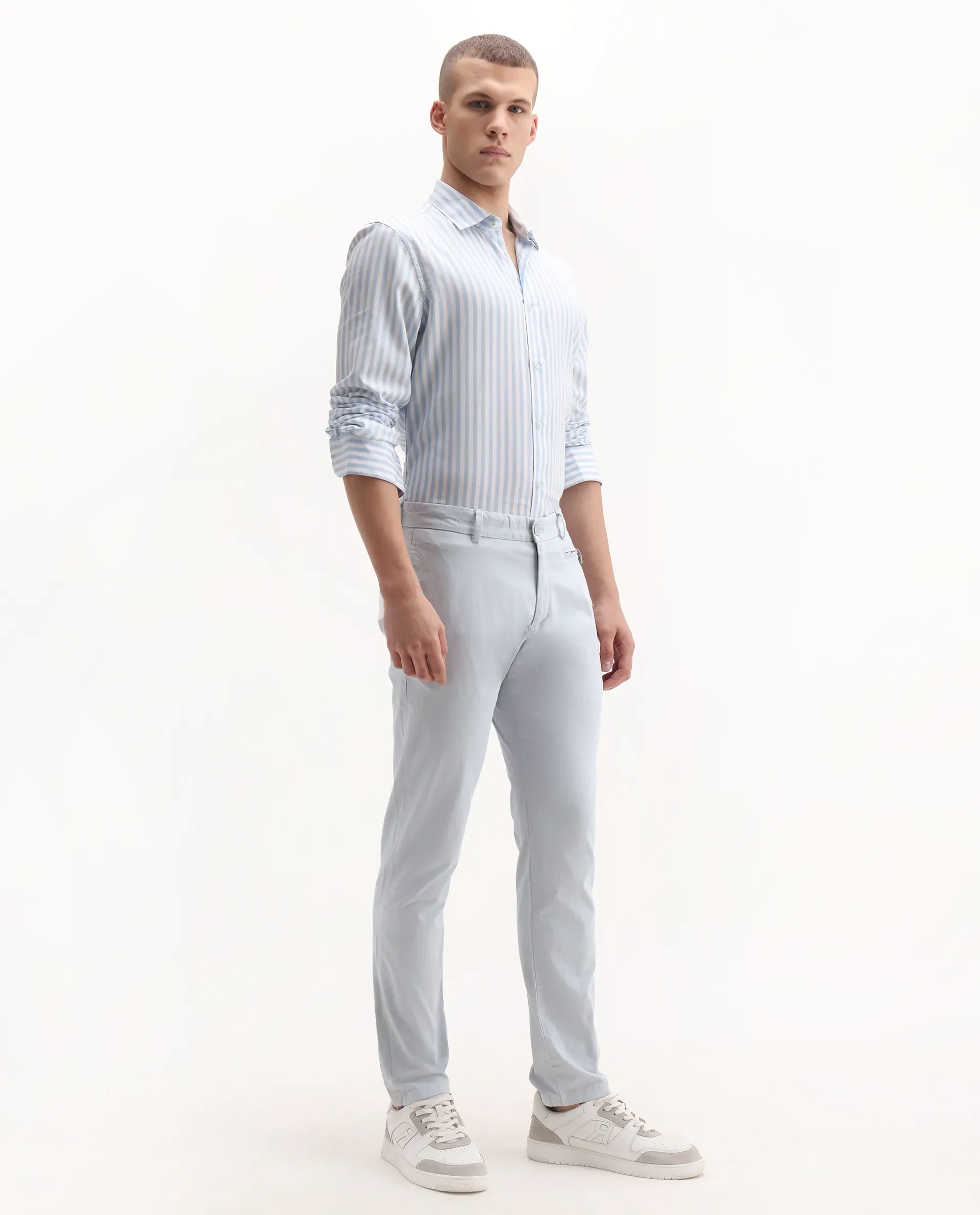 Rare Rabbit Men's Clovet Light Blue Cotton Plain Regular Fit Trouser - Image 5