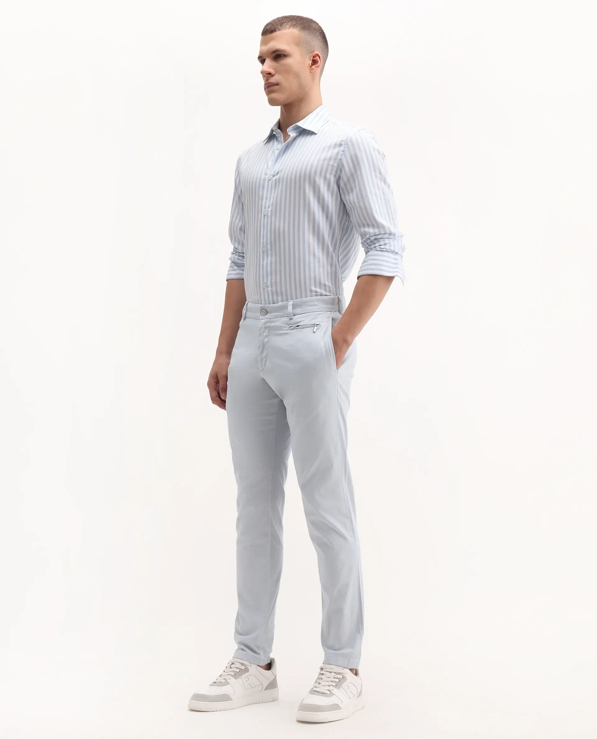 Rare Rabbit Men's Clovet Light Blue Cotton Plain Regular Fit Trouser - Image 7
