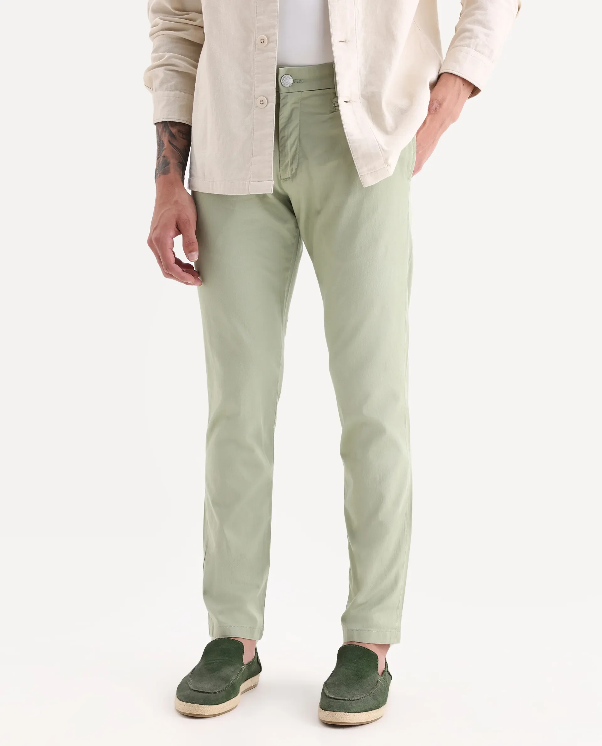 Rare Rabbit Men's Clovet Pastel Green Cotton Plain Regular Fit Trouser - Image 2