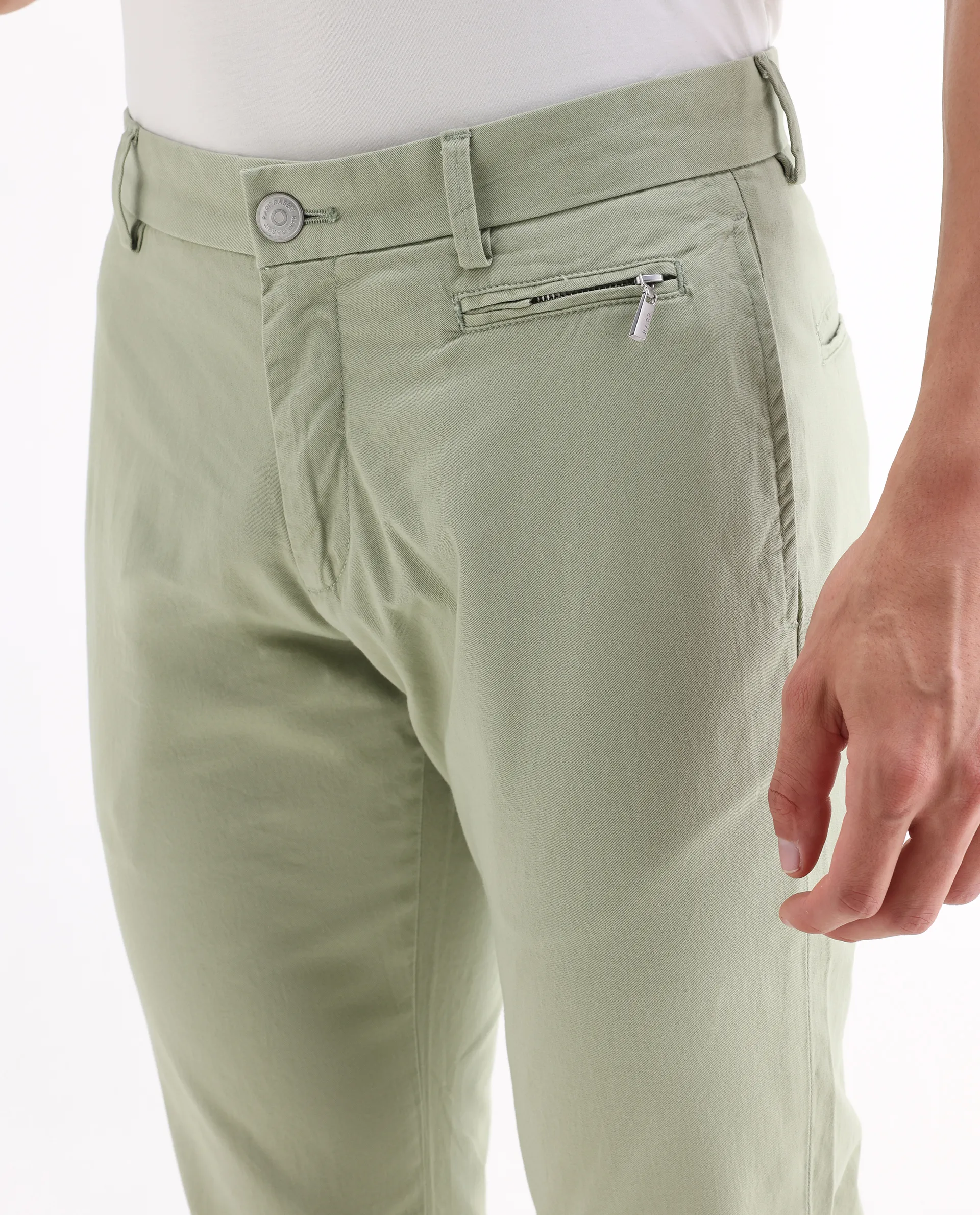 Rare Rabbit Men's Clovet Pastel Green Cotton Plain Regular Fit Trouser - Image 3