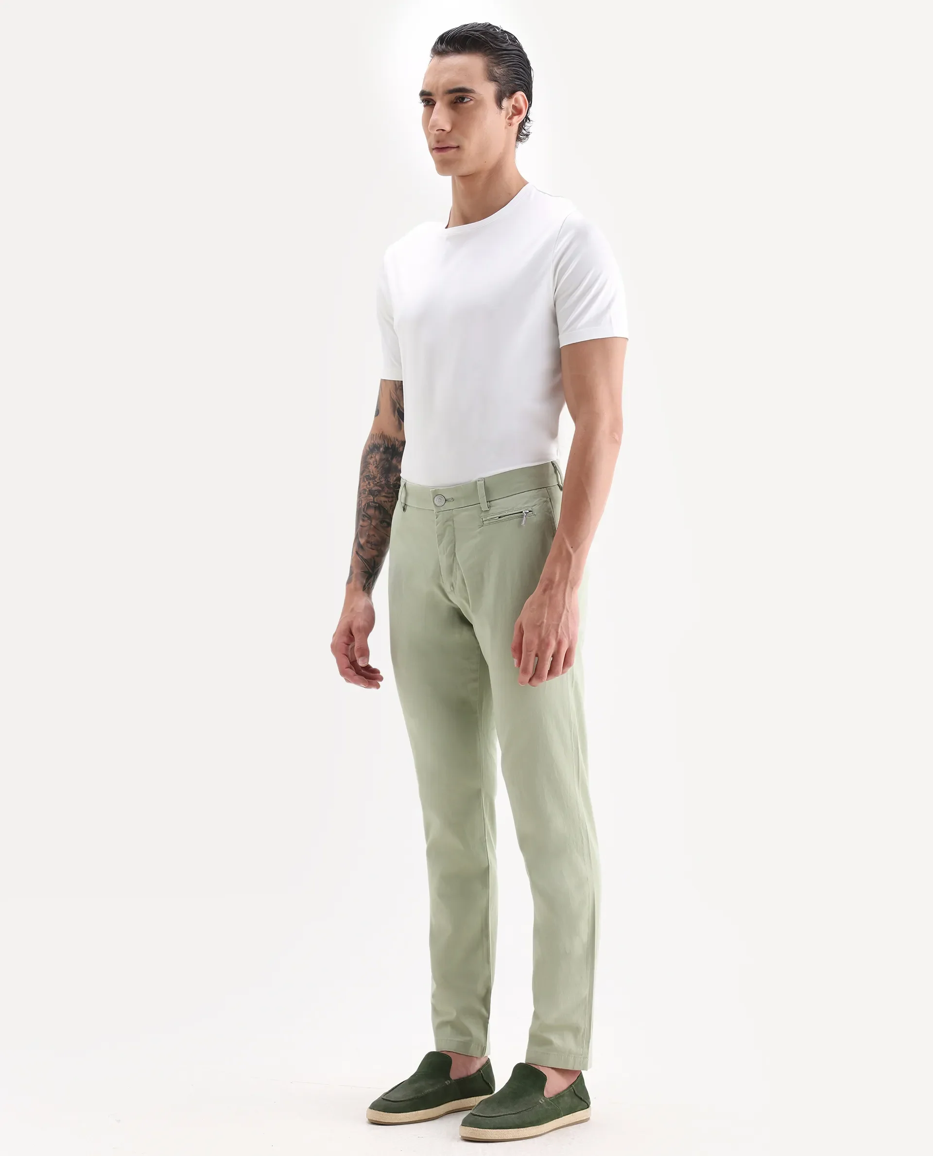 Rare Rabbit Men's Clovet Pastel Green Cotton Plain Regular Fit Trouser - Image 4