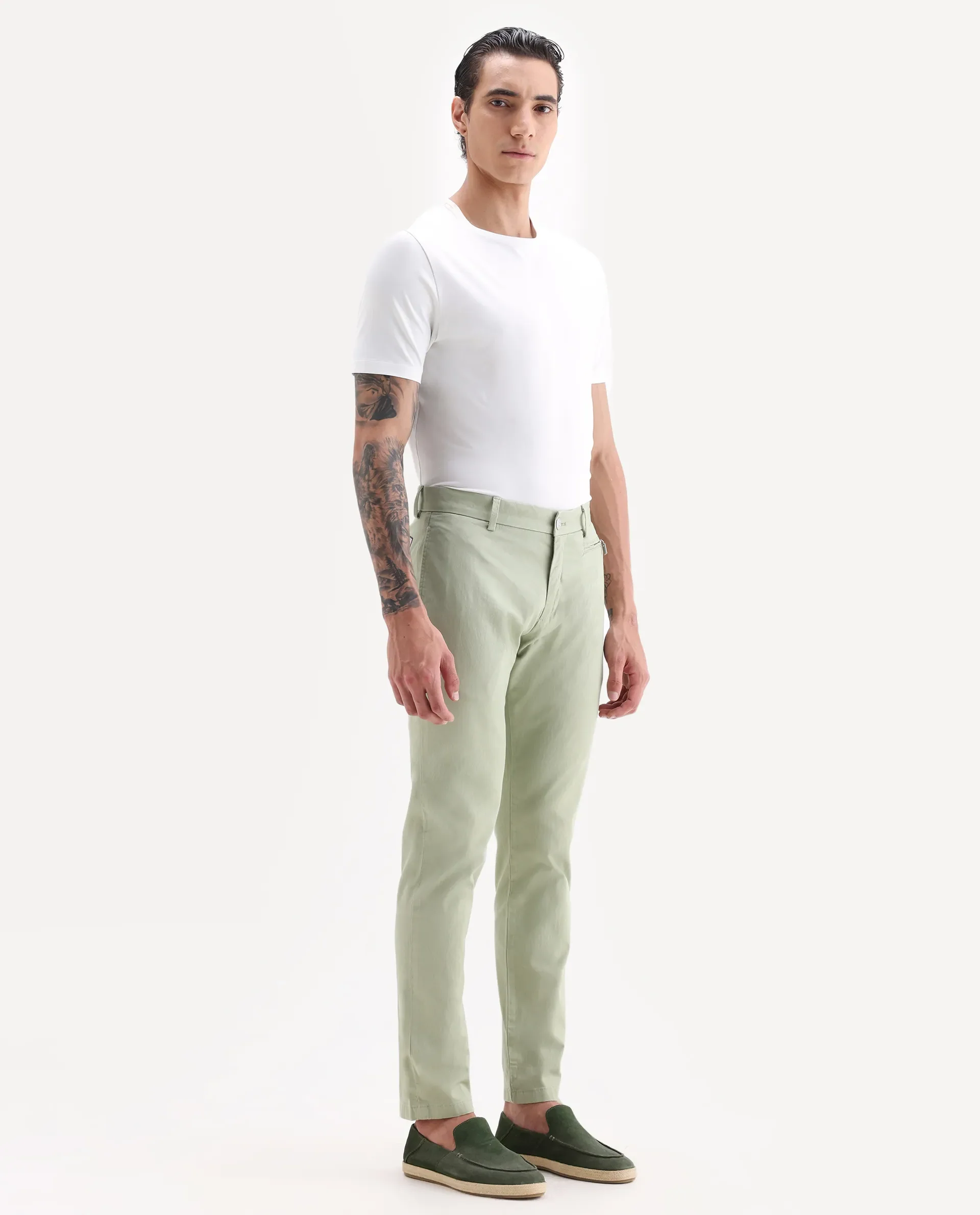 Rare Rabbit Men's Clovet Pastel Green Cotton Plain Regular Fit Trouser - Image 5