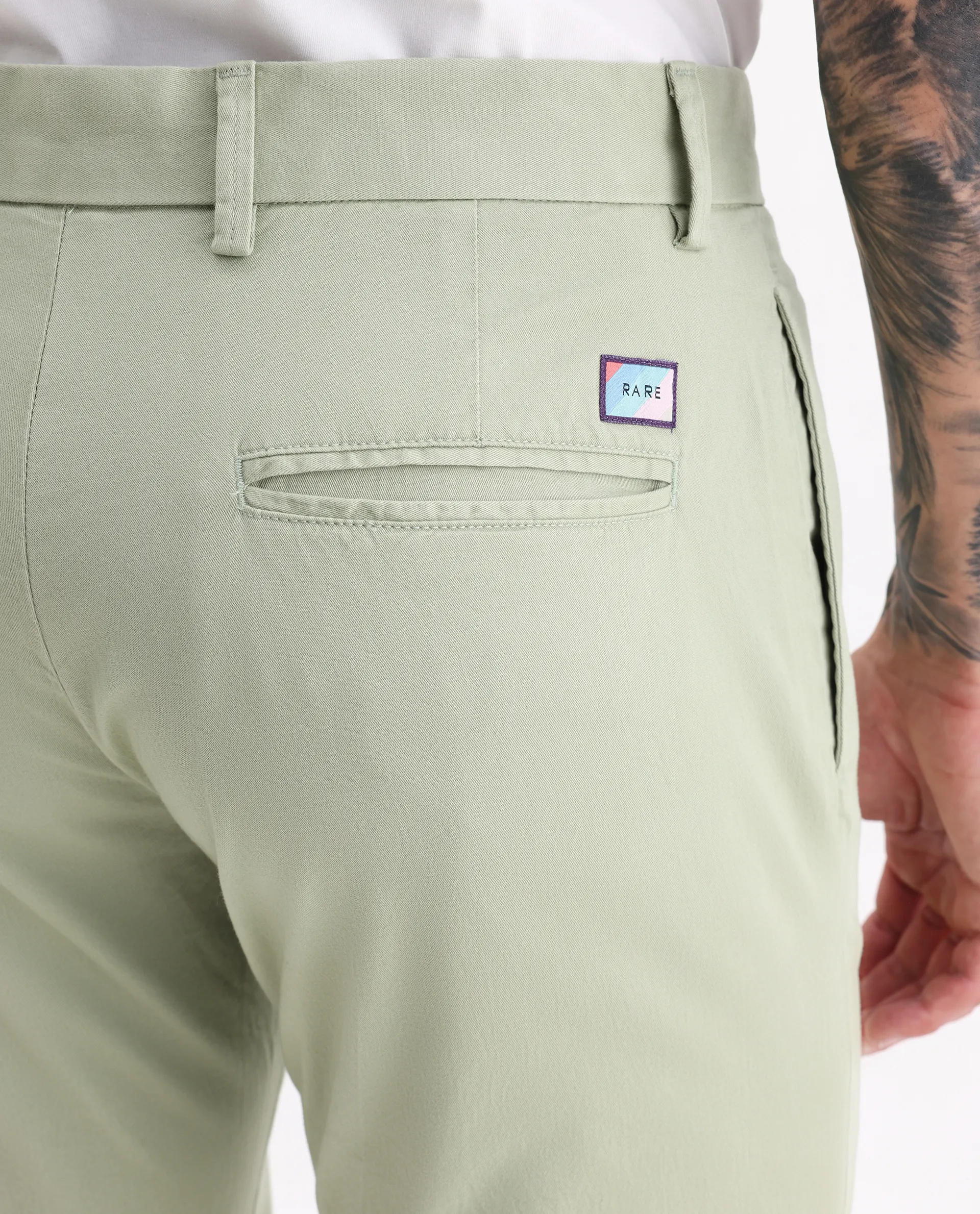 Rare Rabbit Men's Clovet Pastel Green Cotton Plain Regular Fit Trouser - Image 6