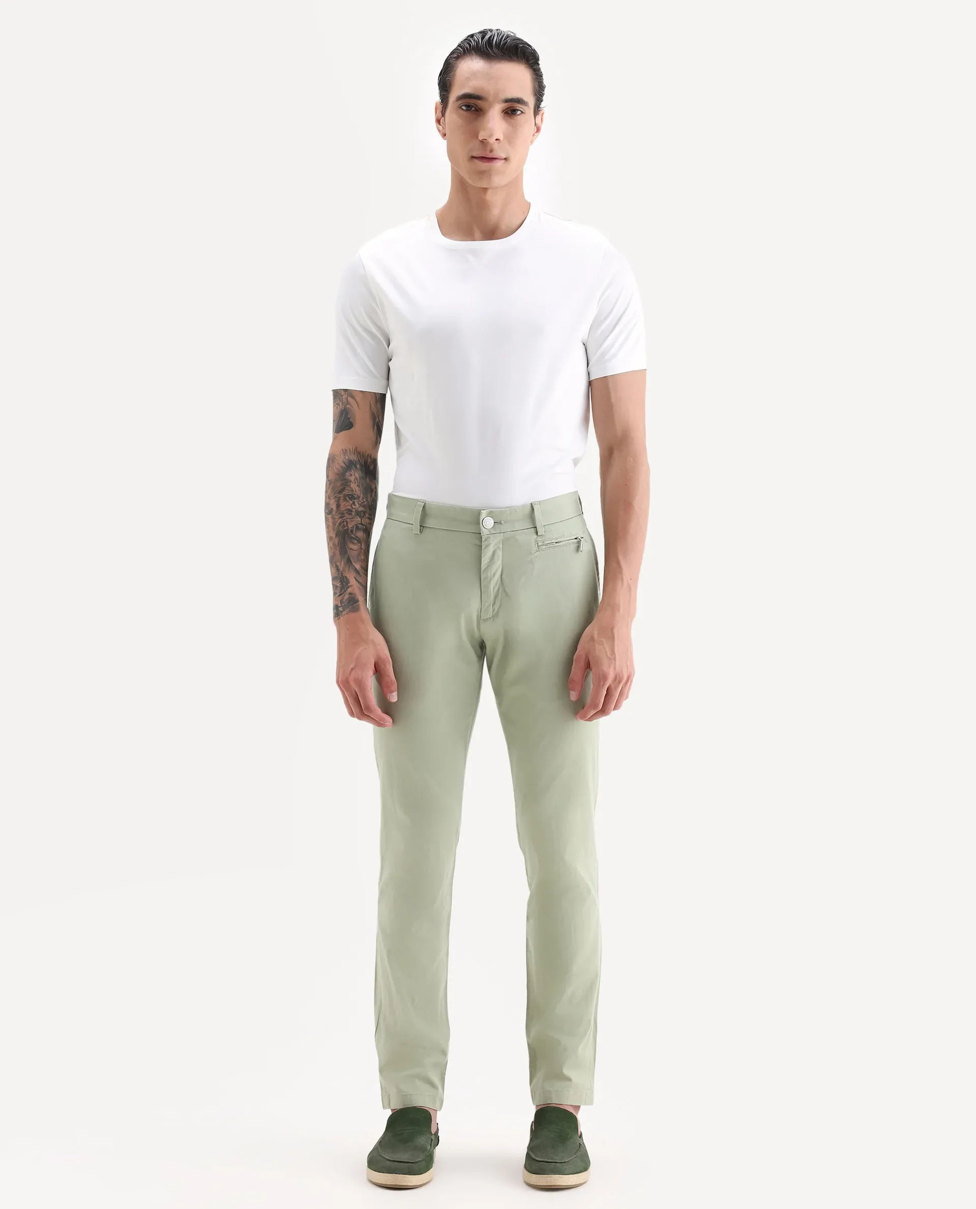 Rare Rabbit Men's Clovet Pastel Green Cotton Plain Regular Fit Trouser - Image 7