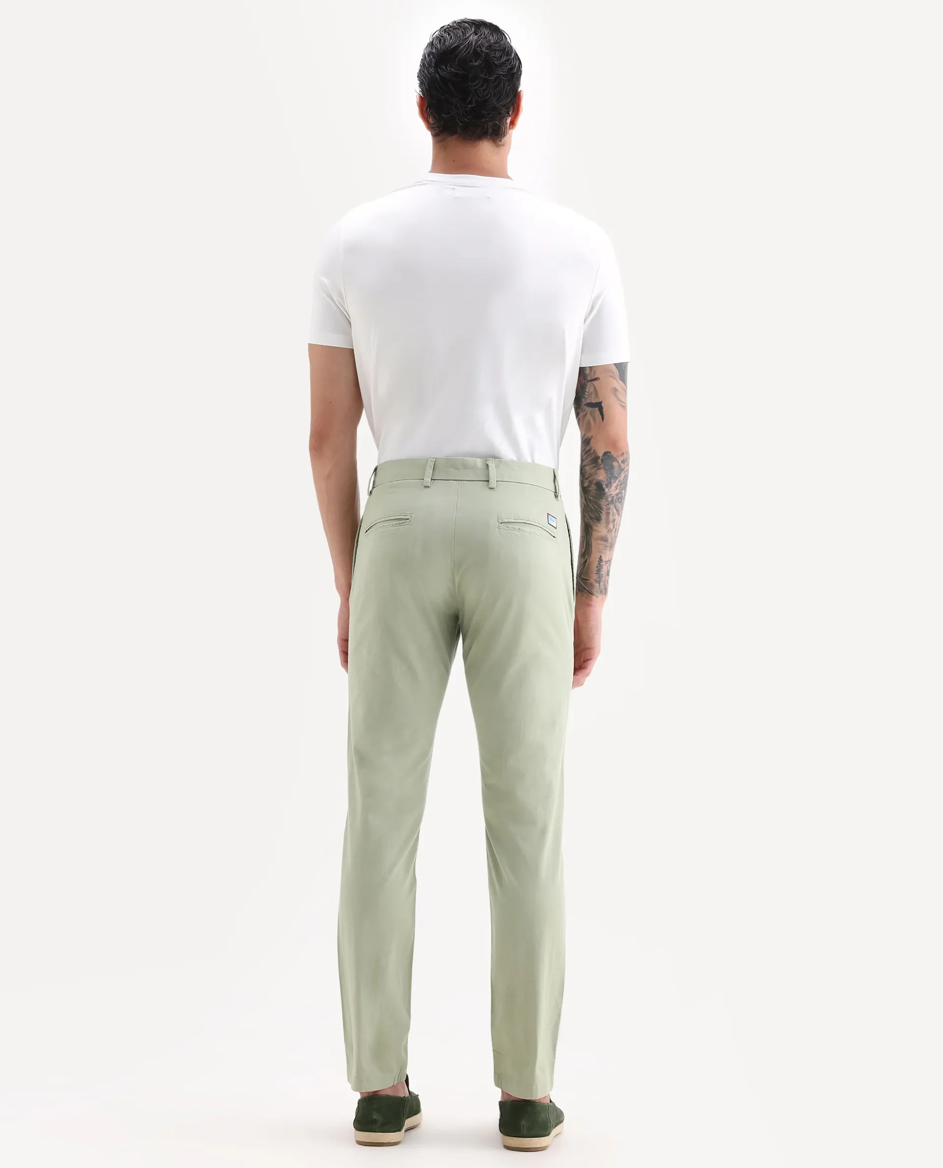 Rare Rabbit Men's Clovet Pastel Green Cotton Plain Regular Fit Trouser - Image 8