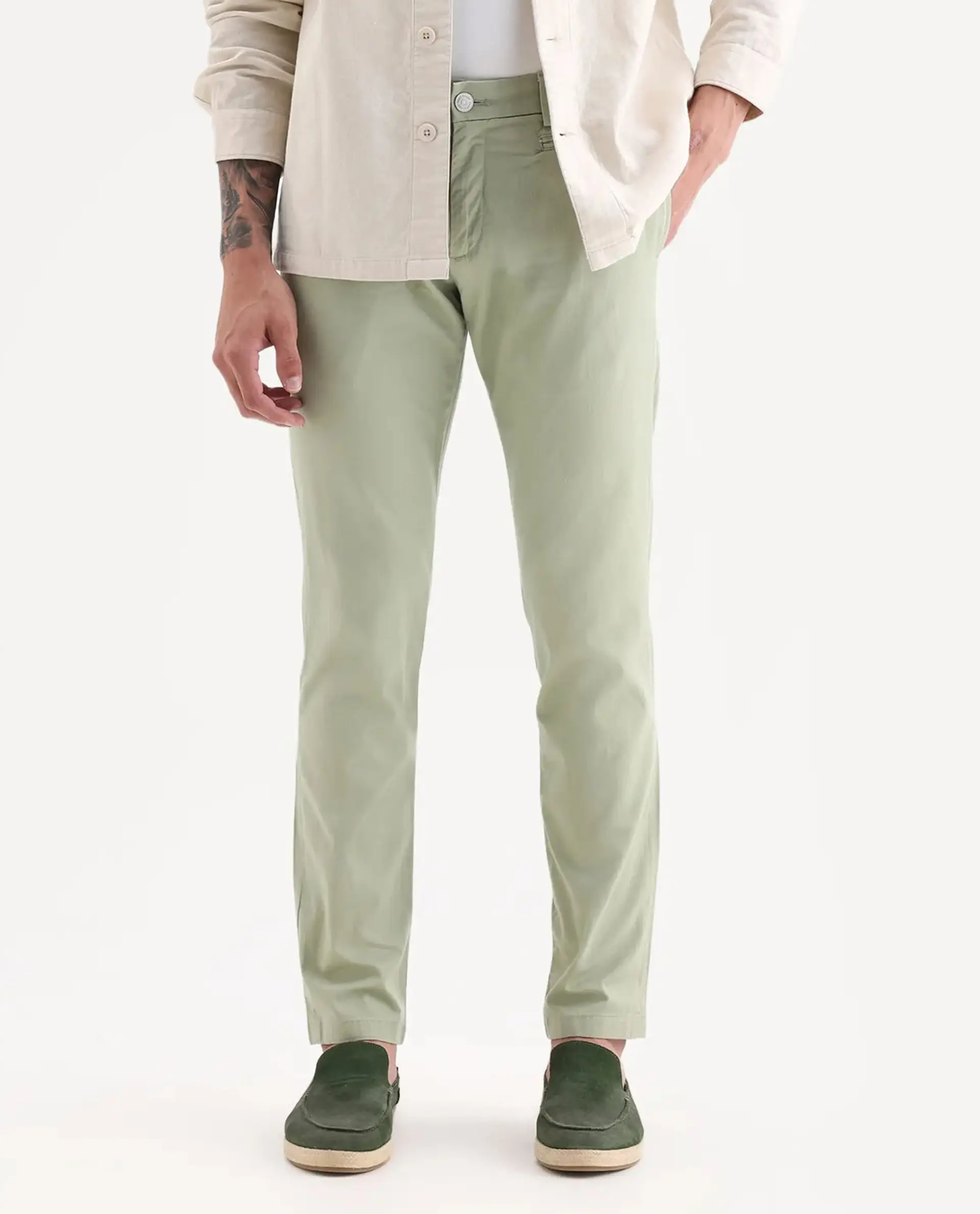 Rare Rabbit Men's Clovet Pastel Green Cotton Plain Regular Fit Trouser - Image 9
