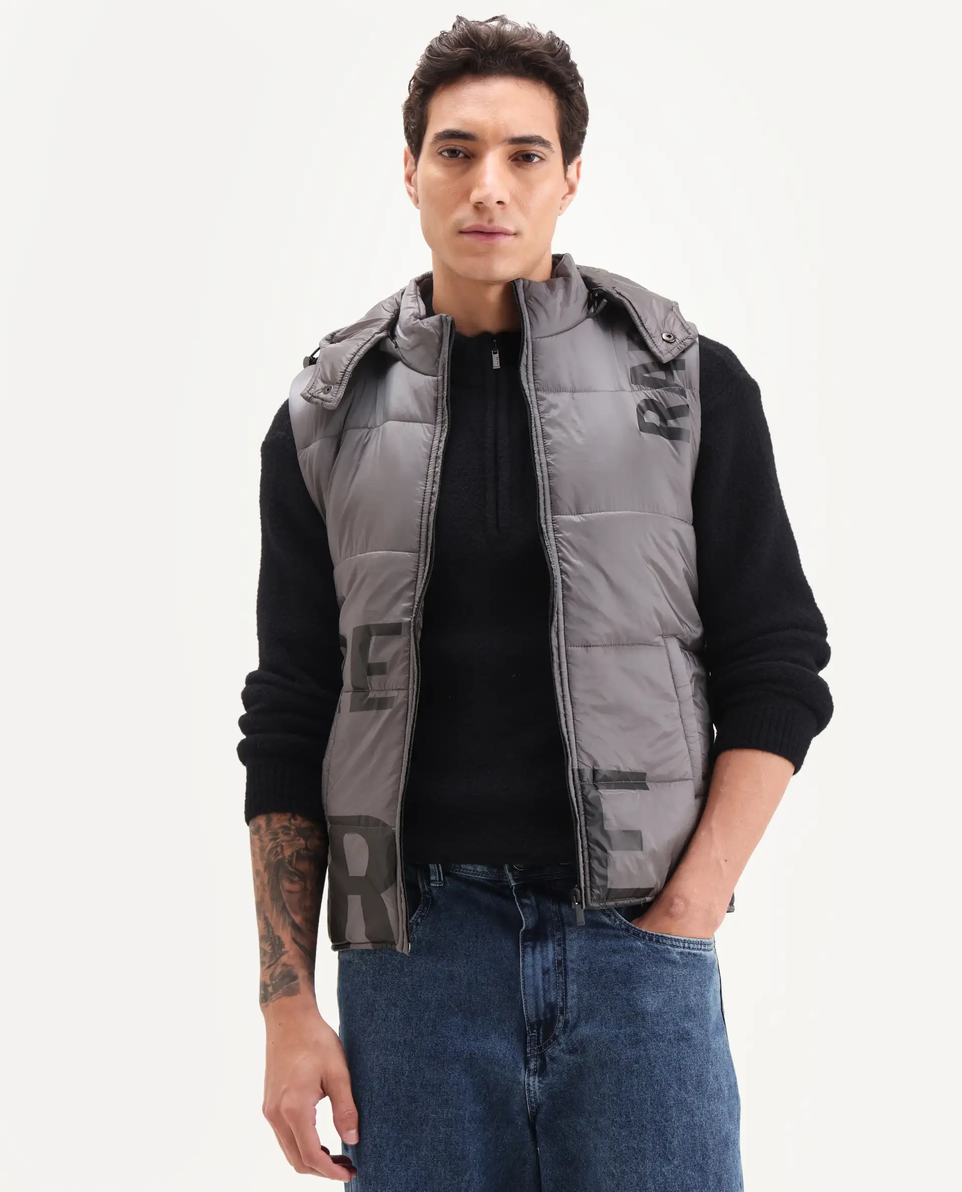Rare Rabbit Men's Clovex Dark Grey Nylon Monogram Print Regular Fit Sleeveless Hooded Jacket - Image 3