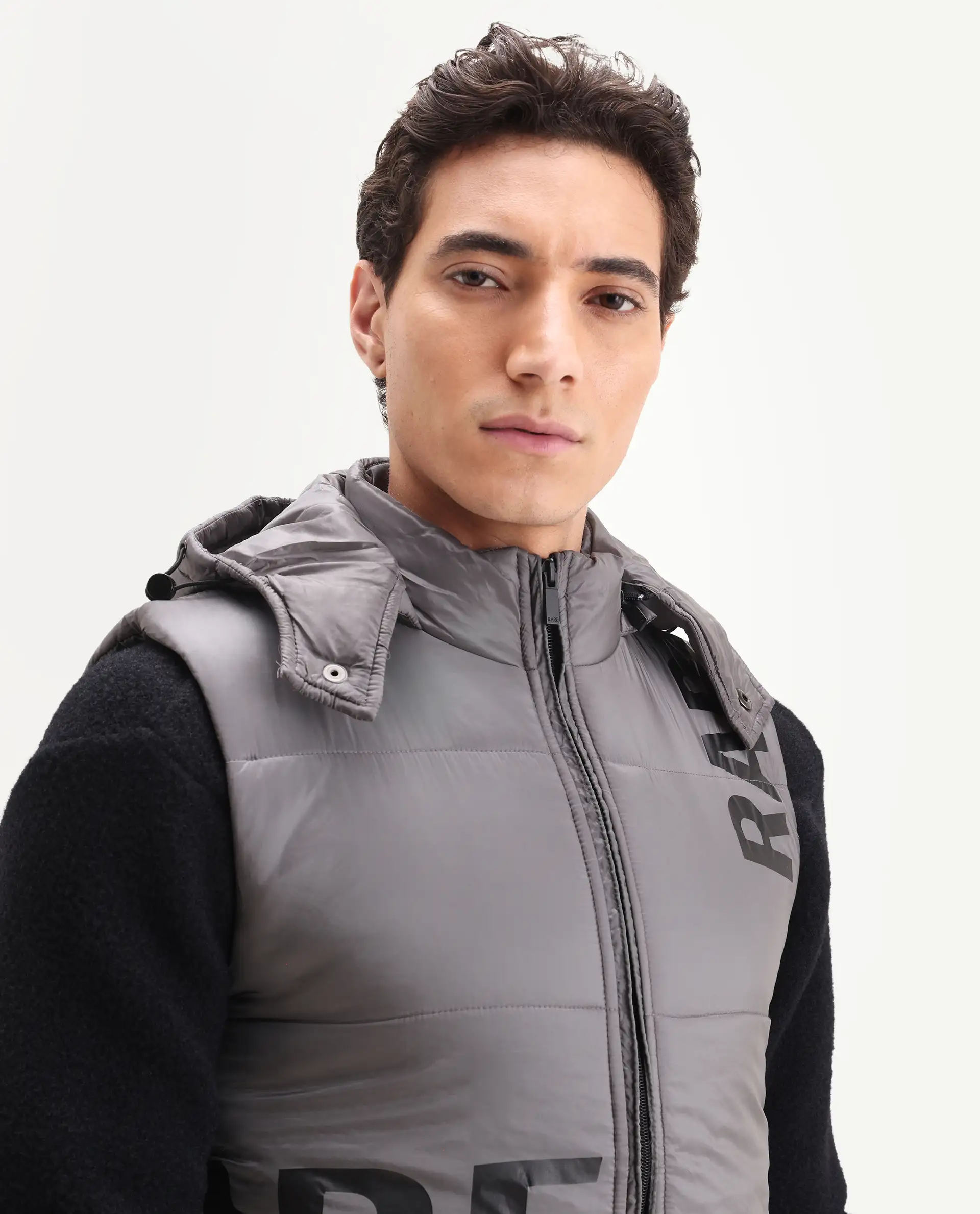 Rare Rabbit Men's Clovex Dark Grey Nylon Monogram Print Regular Fit Sleeveless Hooded Jacket - Image 4