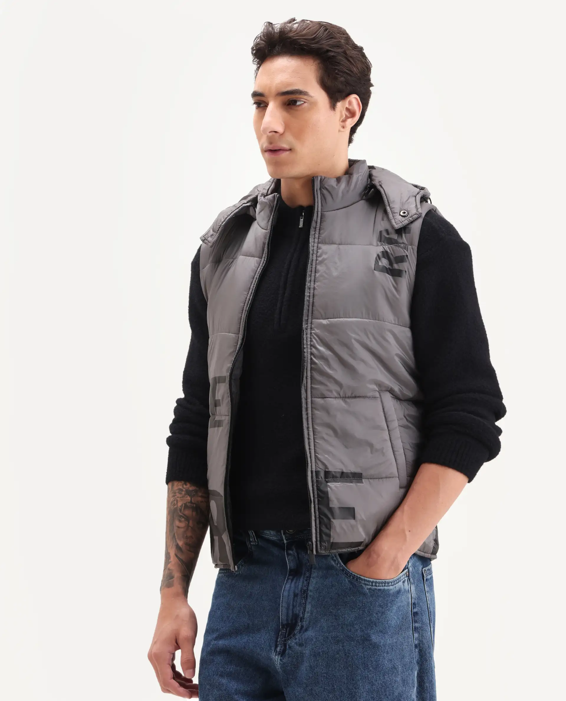 Rare Rabbit Men's Clovex Dark Grey Nylon Monogram Print Regular Fit Sleeveless Hooded Jacket - Image 5