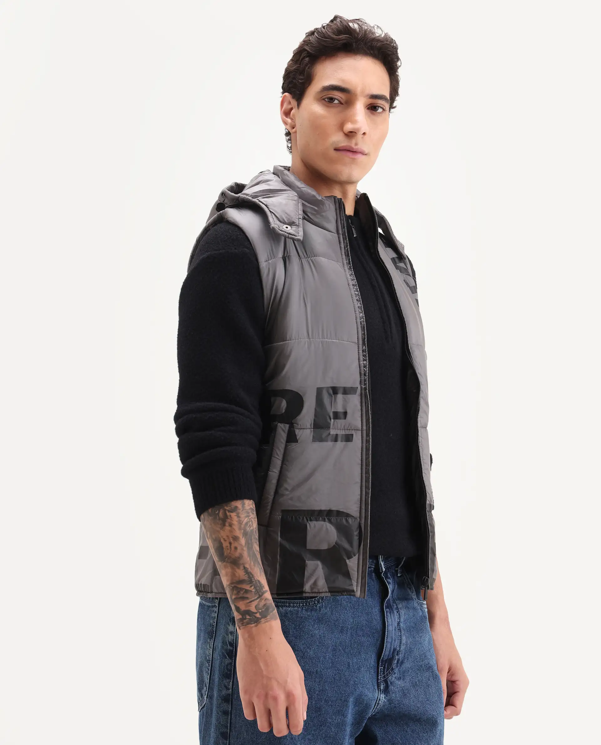 Rare Rabbit Men's Clovex Dark Grey Nylon Monogram Print Regular Fit Sleeveless Hooded Jacket - Image 6