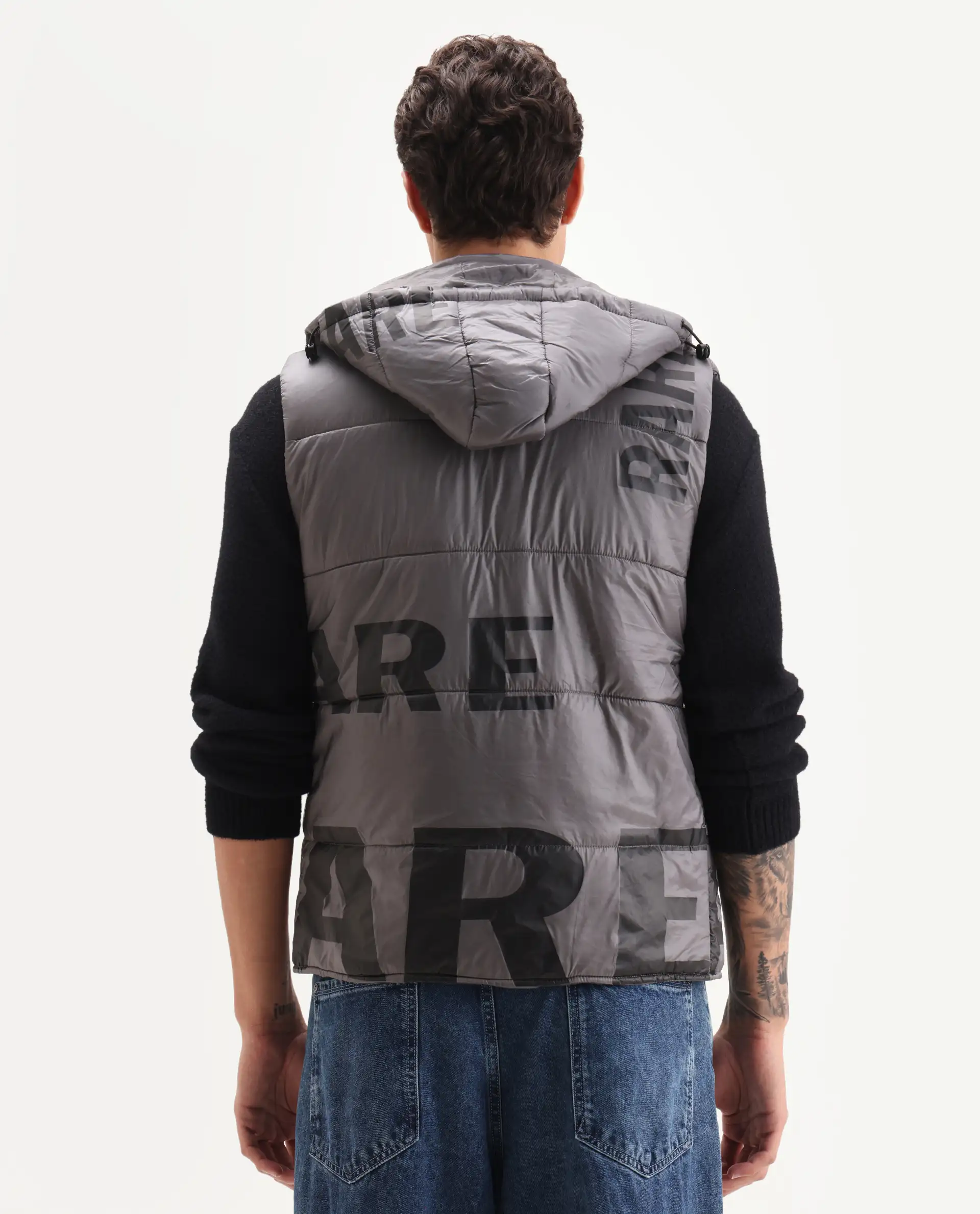 Rare Rabbit Men's Clovex Dark Grey Nylon Monogram Print Regular Fit Sleeveless Hooded Jacket - Image 7