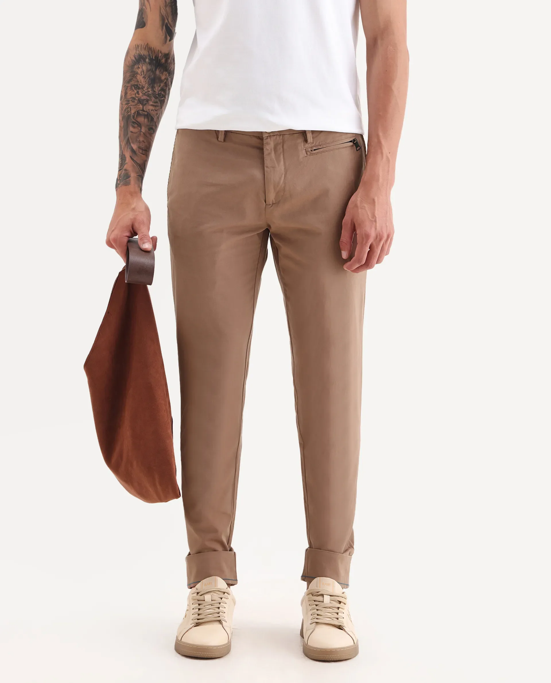 Rare Rabbit Men's Clovey Dark Peach Cotton Plain Regular Fit Trouser - Image 2