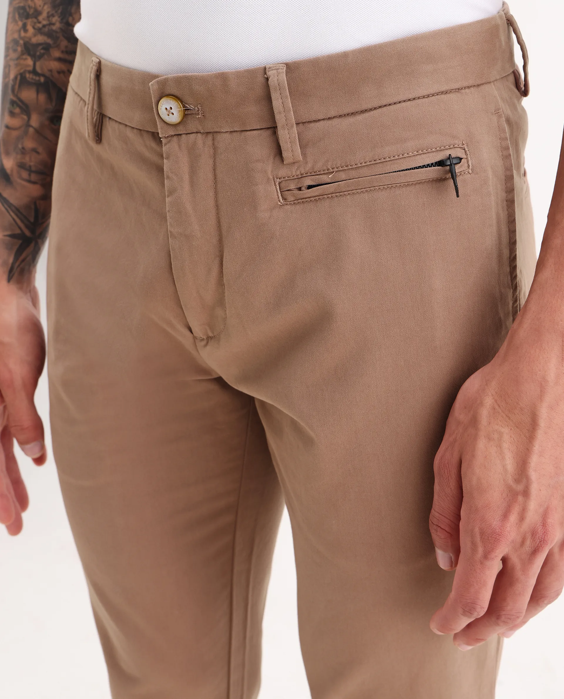 Rare Rabbit Men's Clovey Dark Peach Cotton Plain Regular Fit Trouser - Image 3