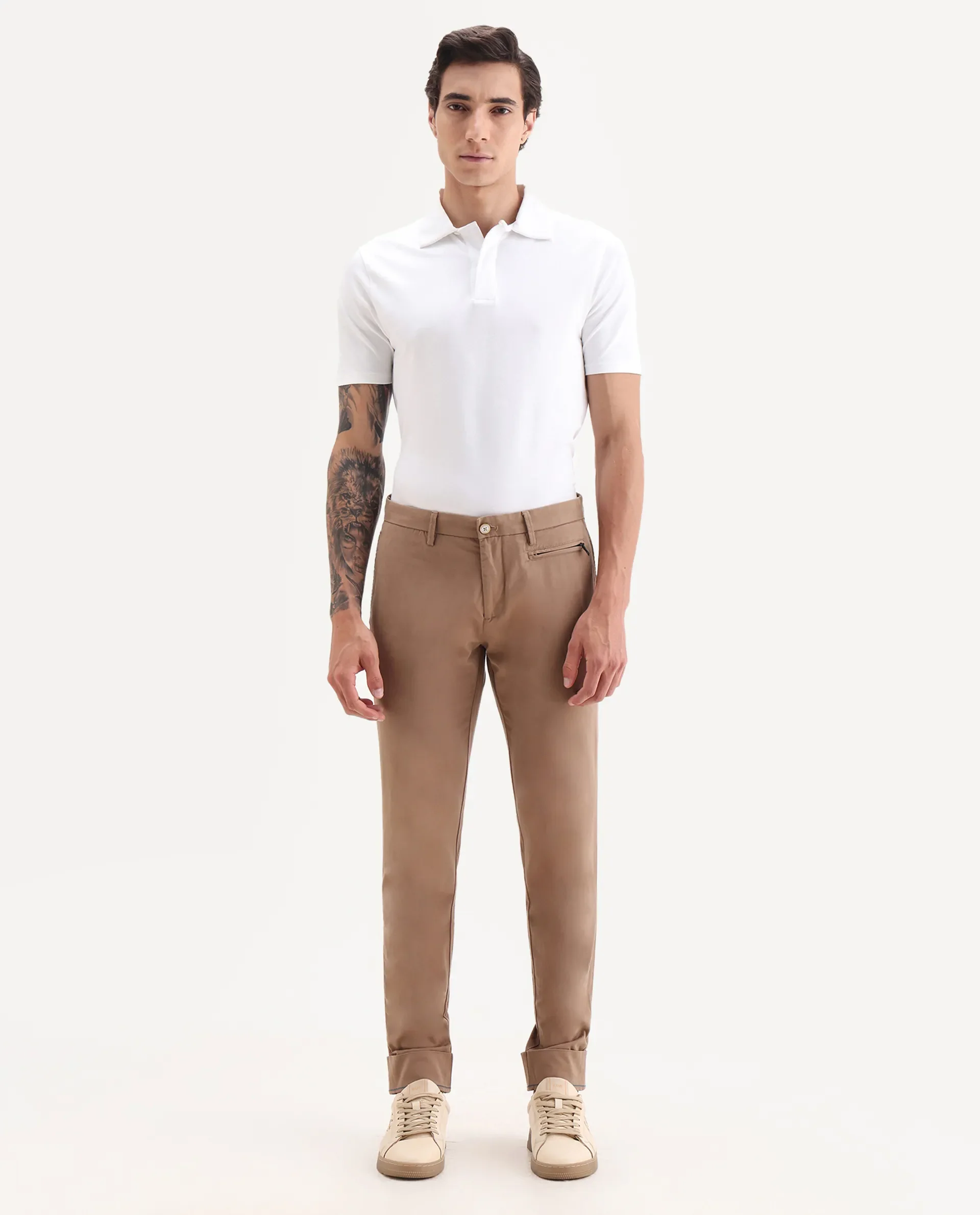 Rare Rabbit Men's Clovey Dark Peach Cotton Plain Regular Fit Trouser - Image 4