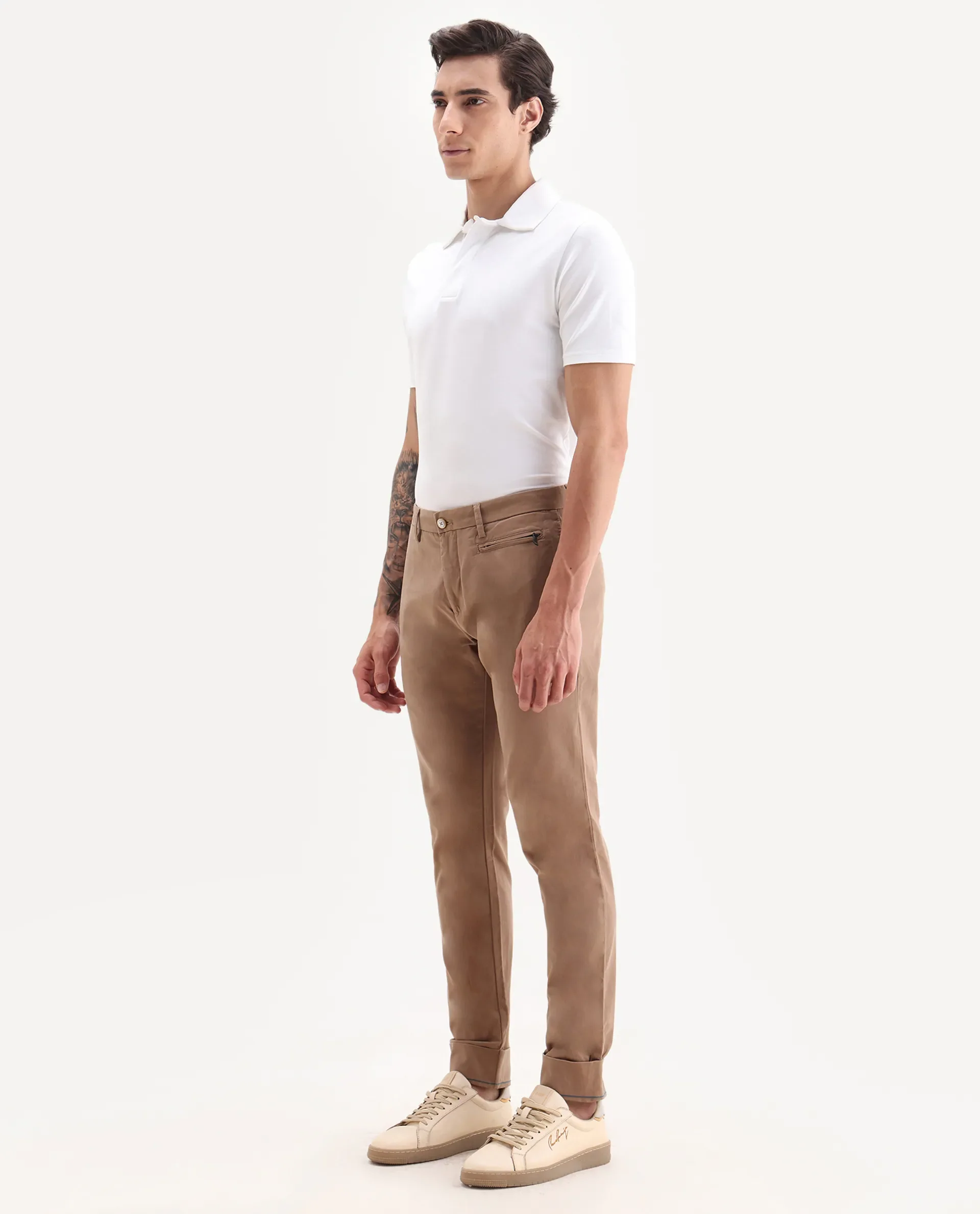 Rare Rabbit Men's Clovey Dark Peach Cotton Plain Regular Fit Trouser - Image 5