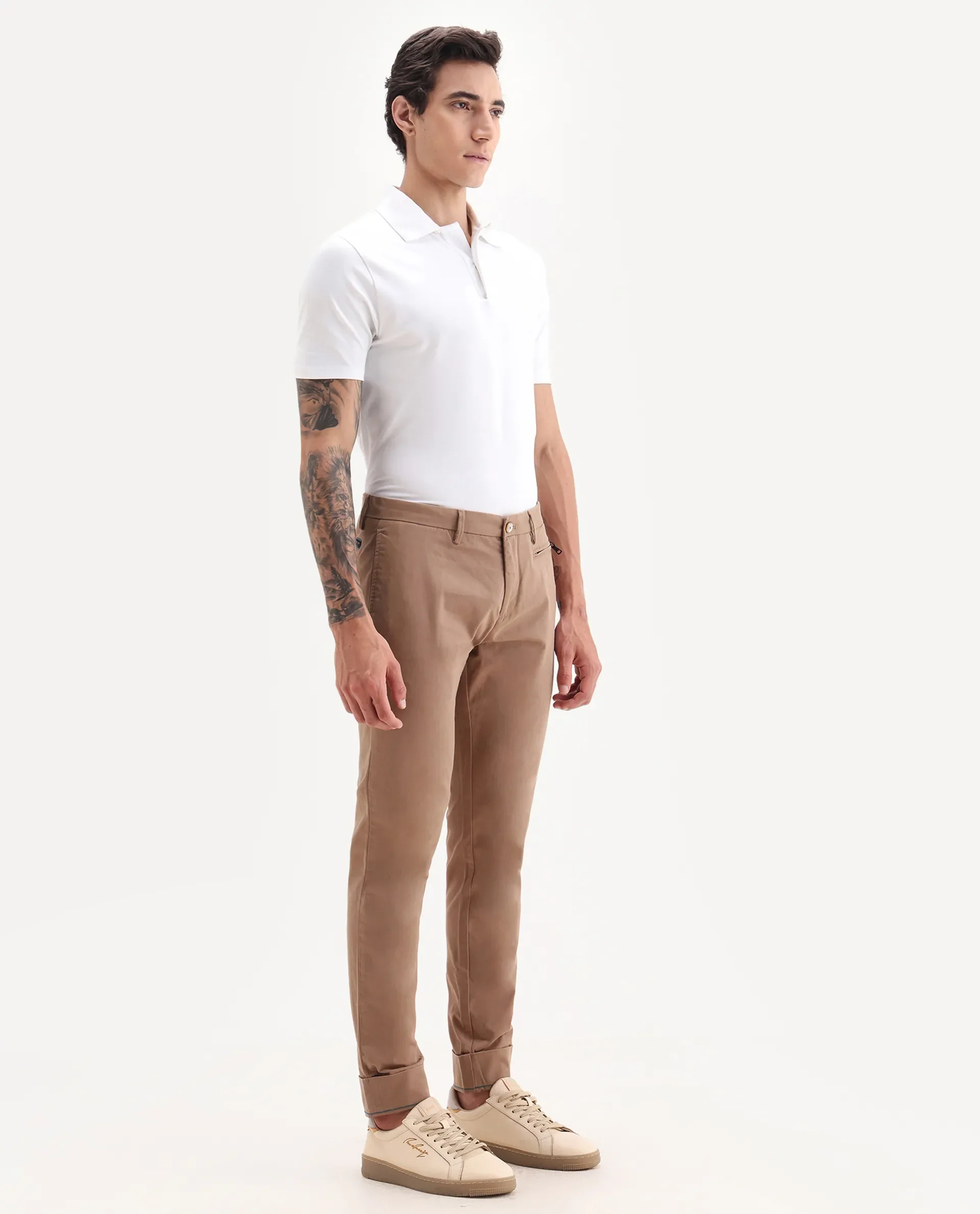 Rare Rabbit Men's Clovey Dark Peach Cotton Plain Regular Fit Trouser - Image 6