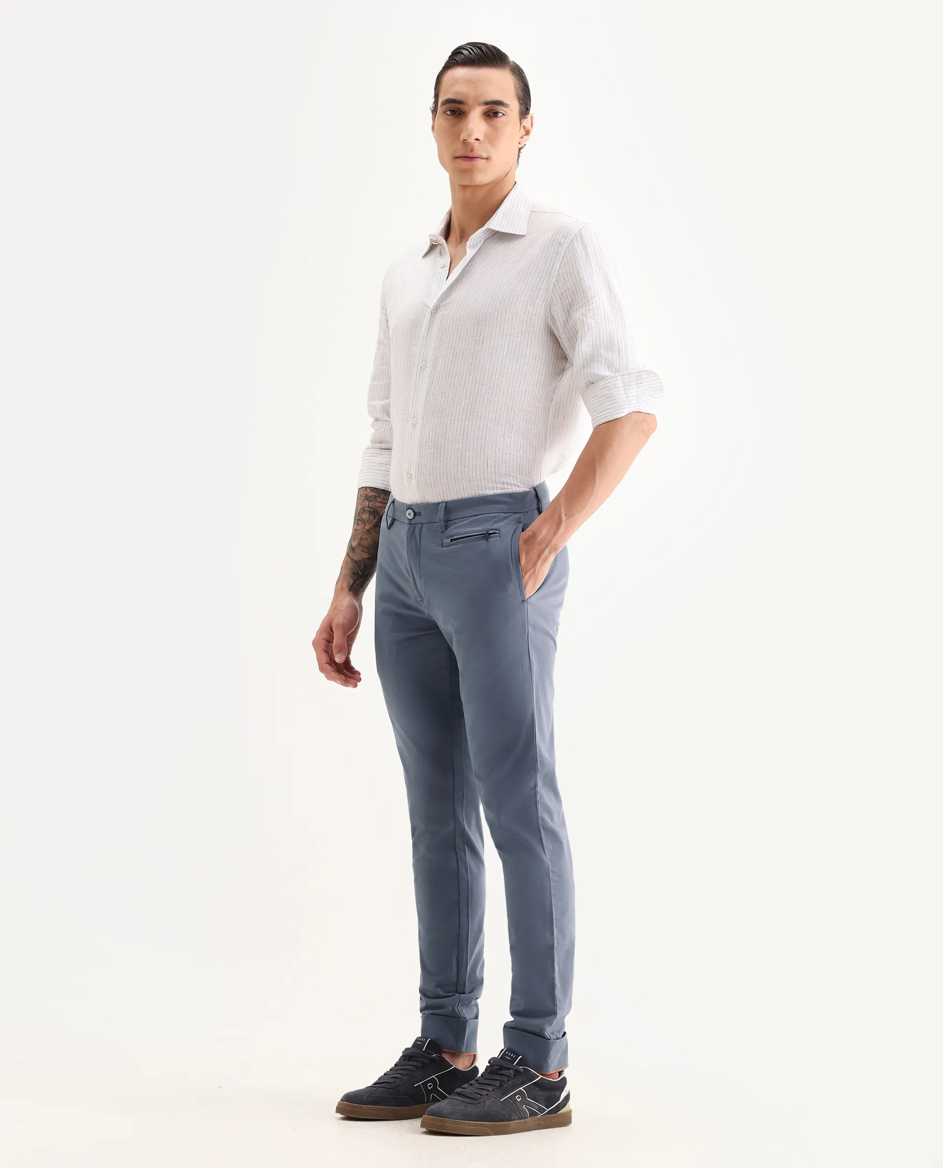 Rare Rabbit Men's Clovey Grey Cotton Plain Slim Fit Trouser - Image 5