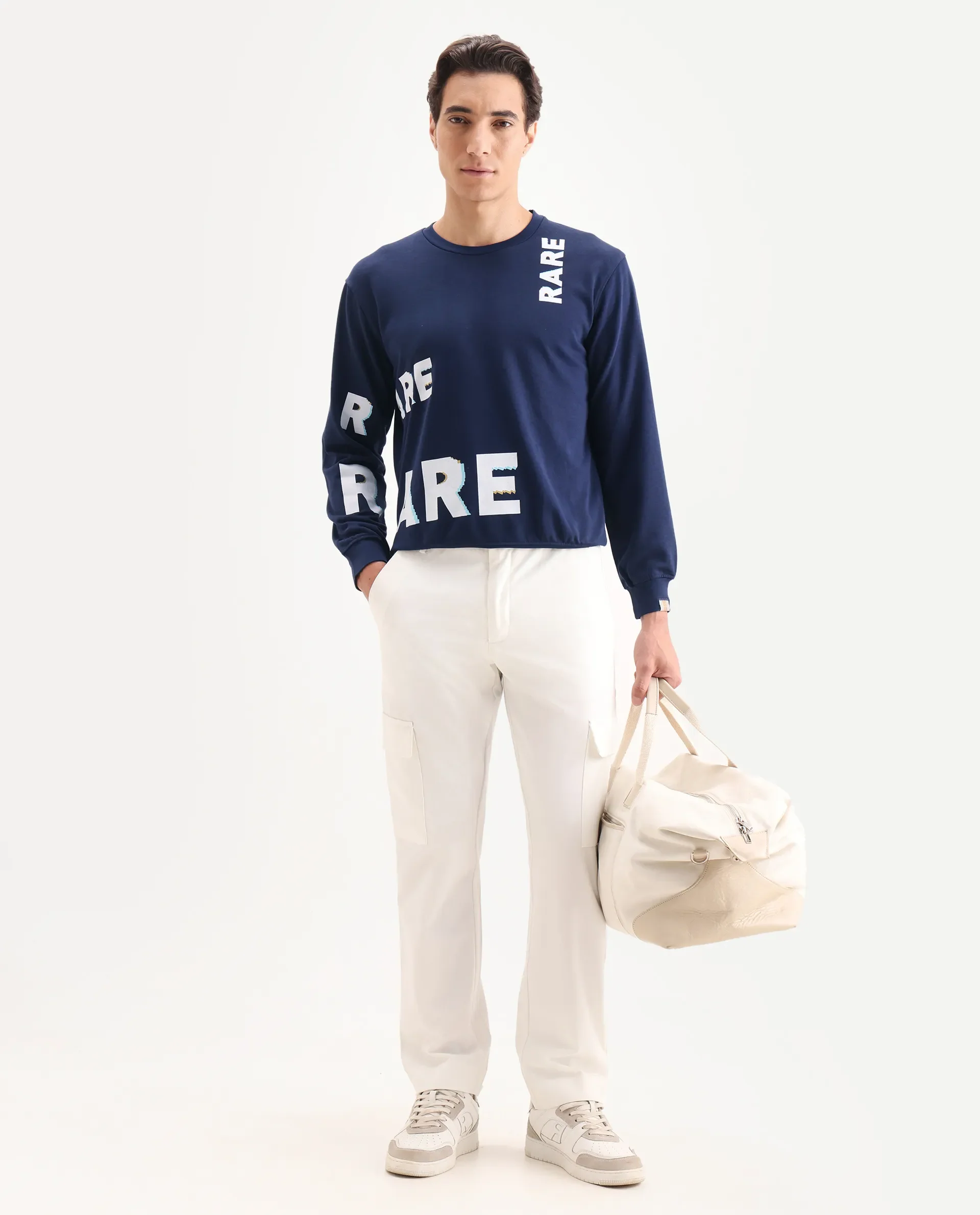 Rare Rabbit Men's Clovis Navy Cotton Monogram Print Regular Fit Full Sleeve Crew Neck Sweatshirt - Image 2