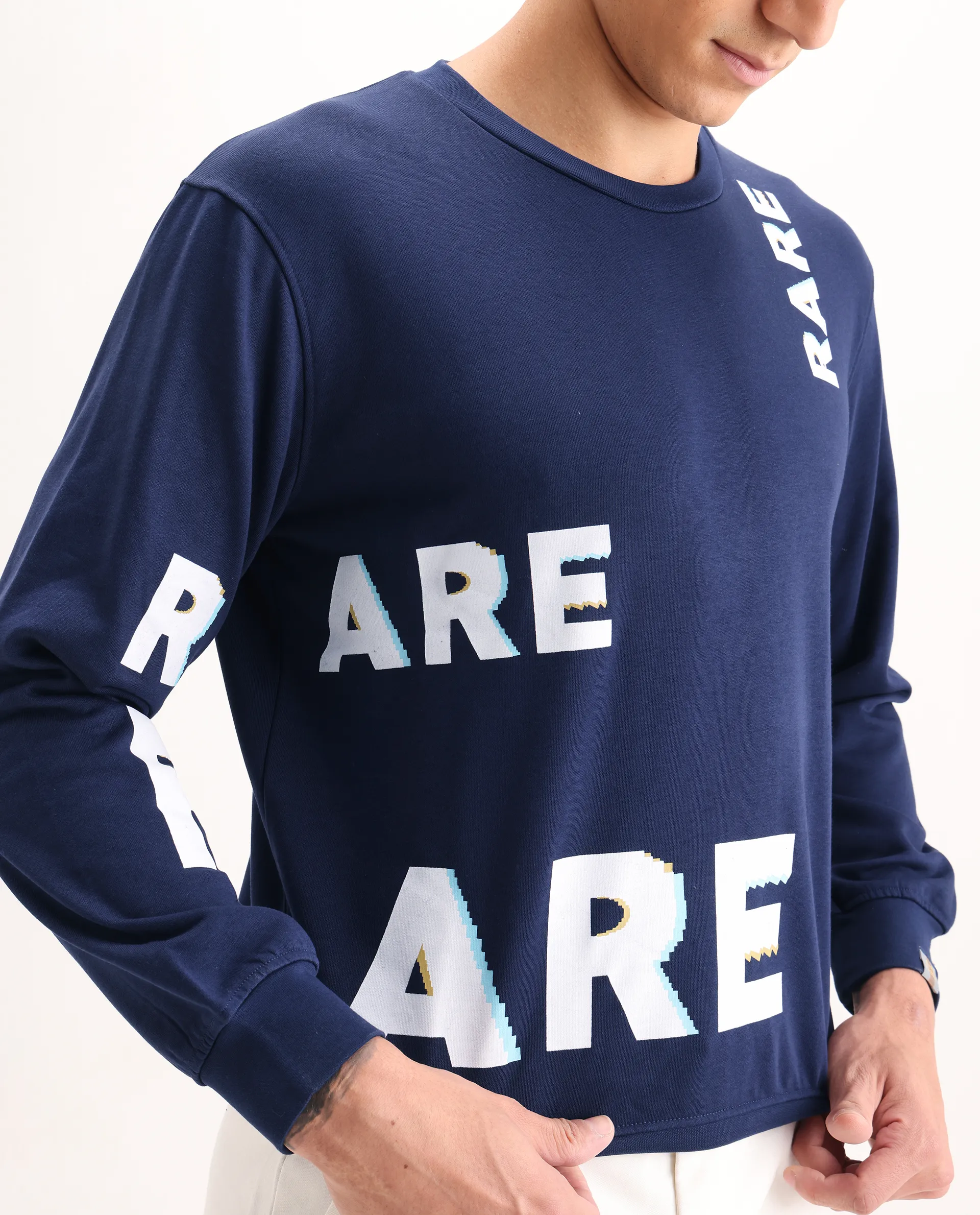 Rare Rabbit Men's Clovis Navy Cotton Monogram Print Regular Fit Full Sleeve Crew Neck Sweatshirt - Image 3