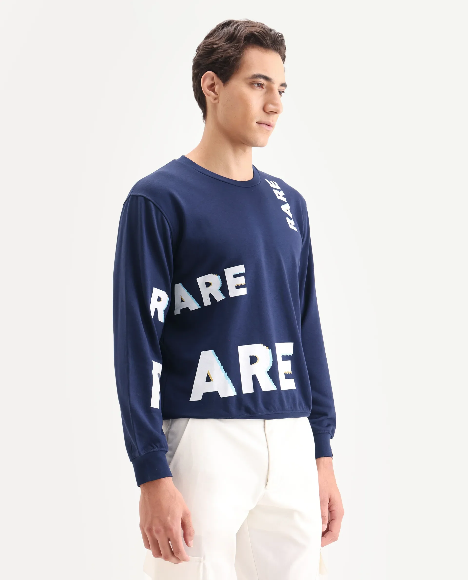 Rare Rabbit Men's Clovis Navy Cotton Monogram Print Regular Fit Full Sleeve Crew Neck Sweatshirt - Image 4
