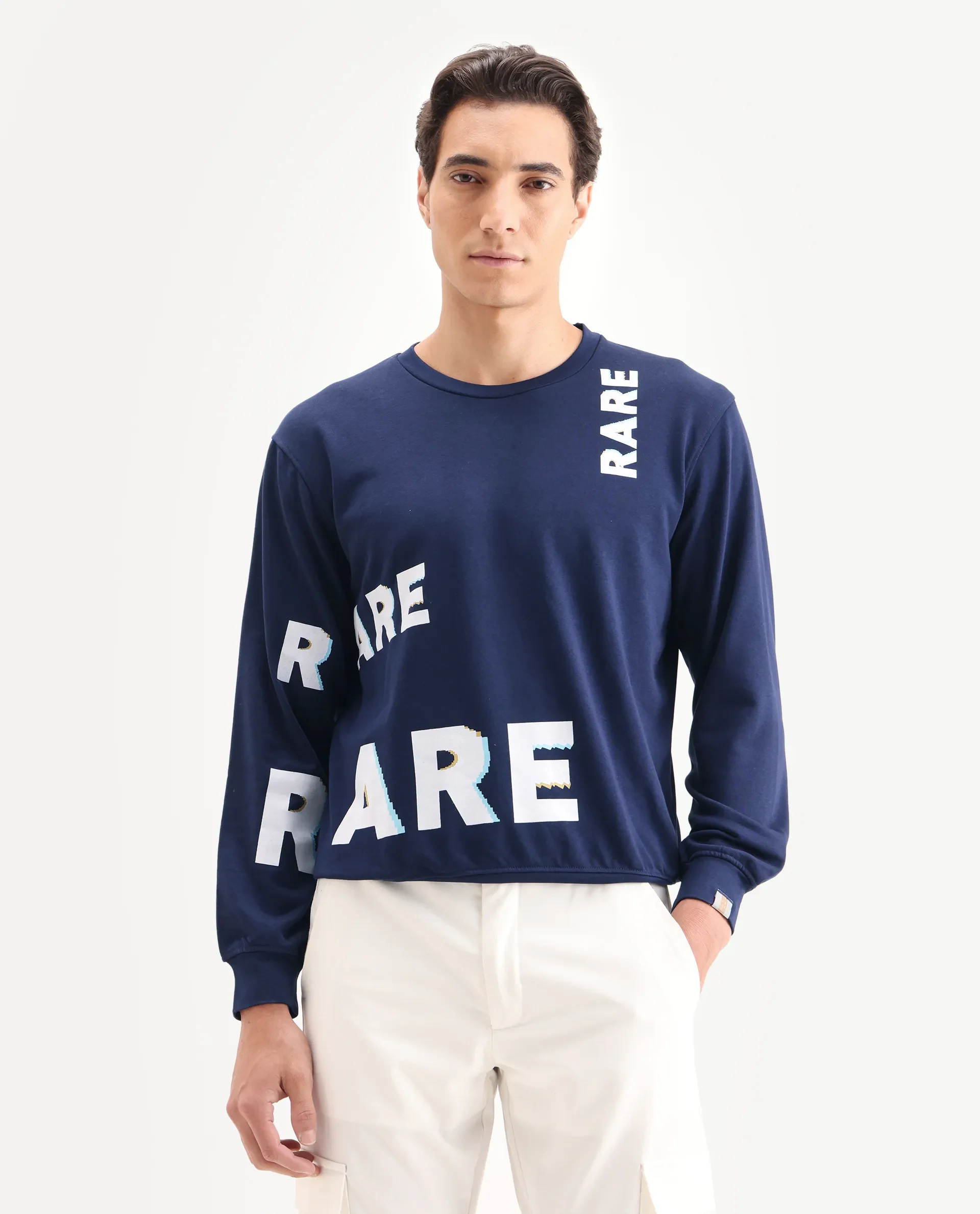 Rare Rabbit Men's Clovis Navy Cotton Monogram Print Regular Fit Full Sleeve Crew Neck Sweatshirt - Image 5