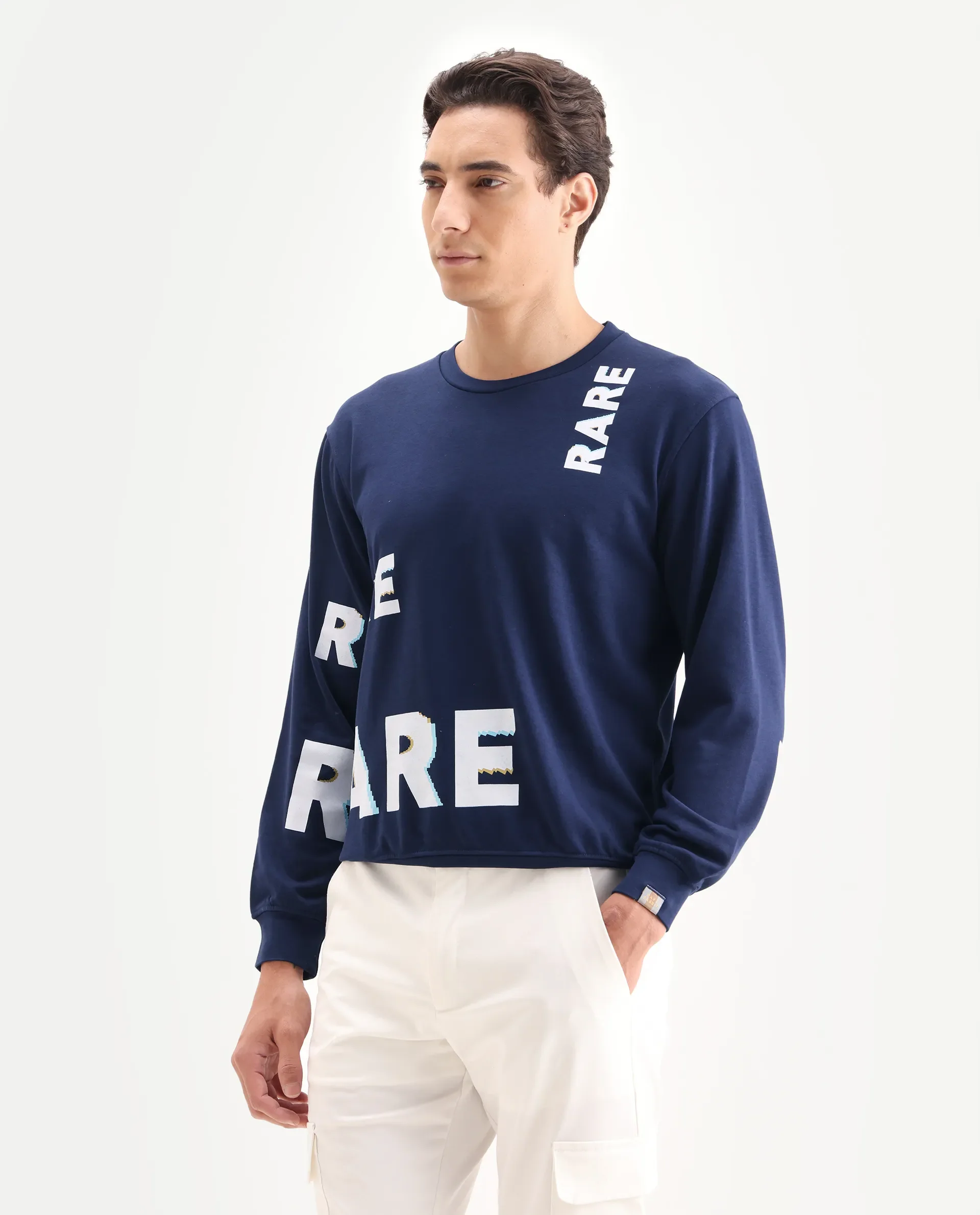 Rare Rabbit Men's Clovis Navy Cotton Monogram Print Regular Fit Full Sleeve Crew Neck Sweatshirt - Image 6