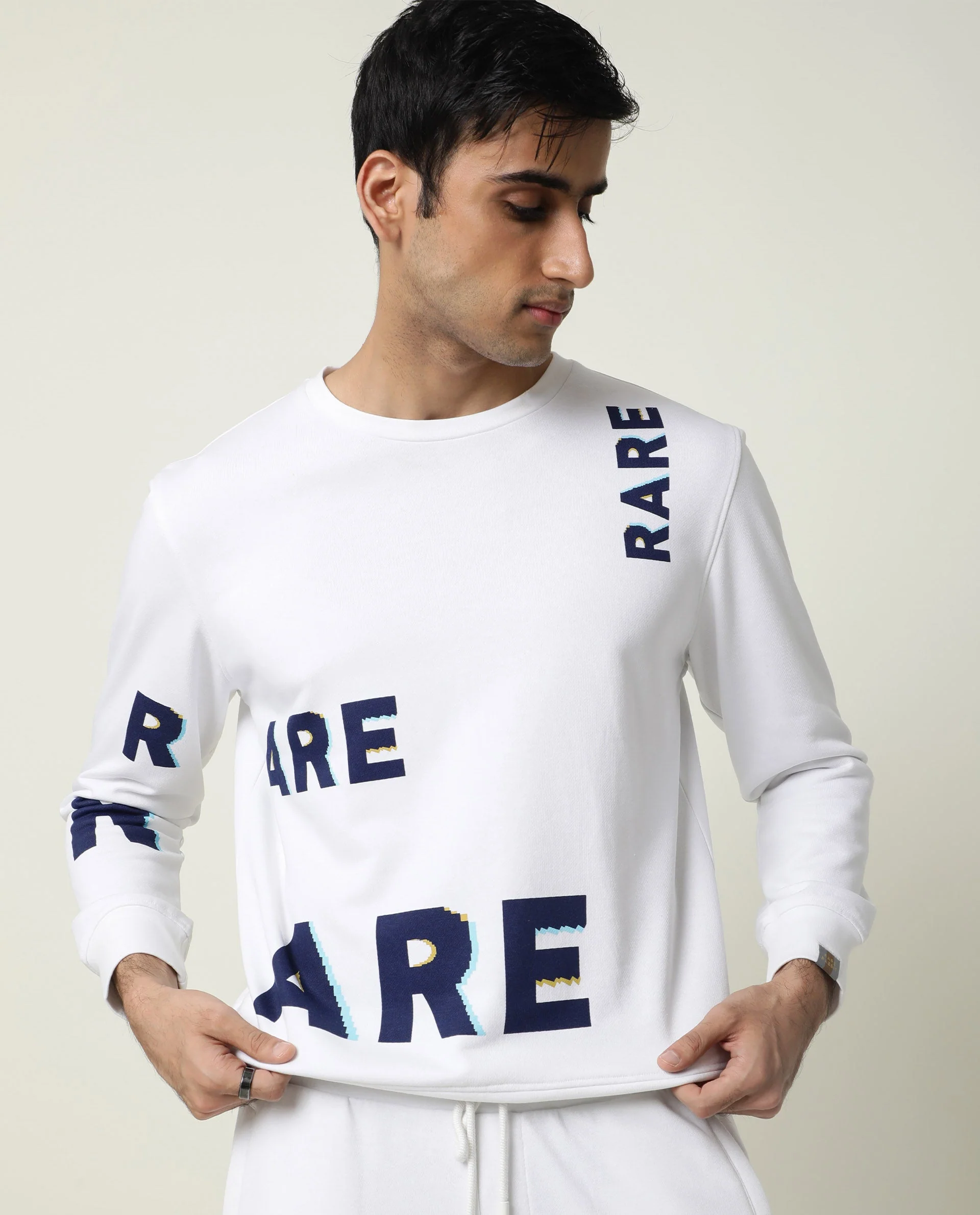 Rare Rabbit Men's Clovis White Cotton Monogram Print Slim Fit Full Sleeve Crew Neck Sweatshirt