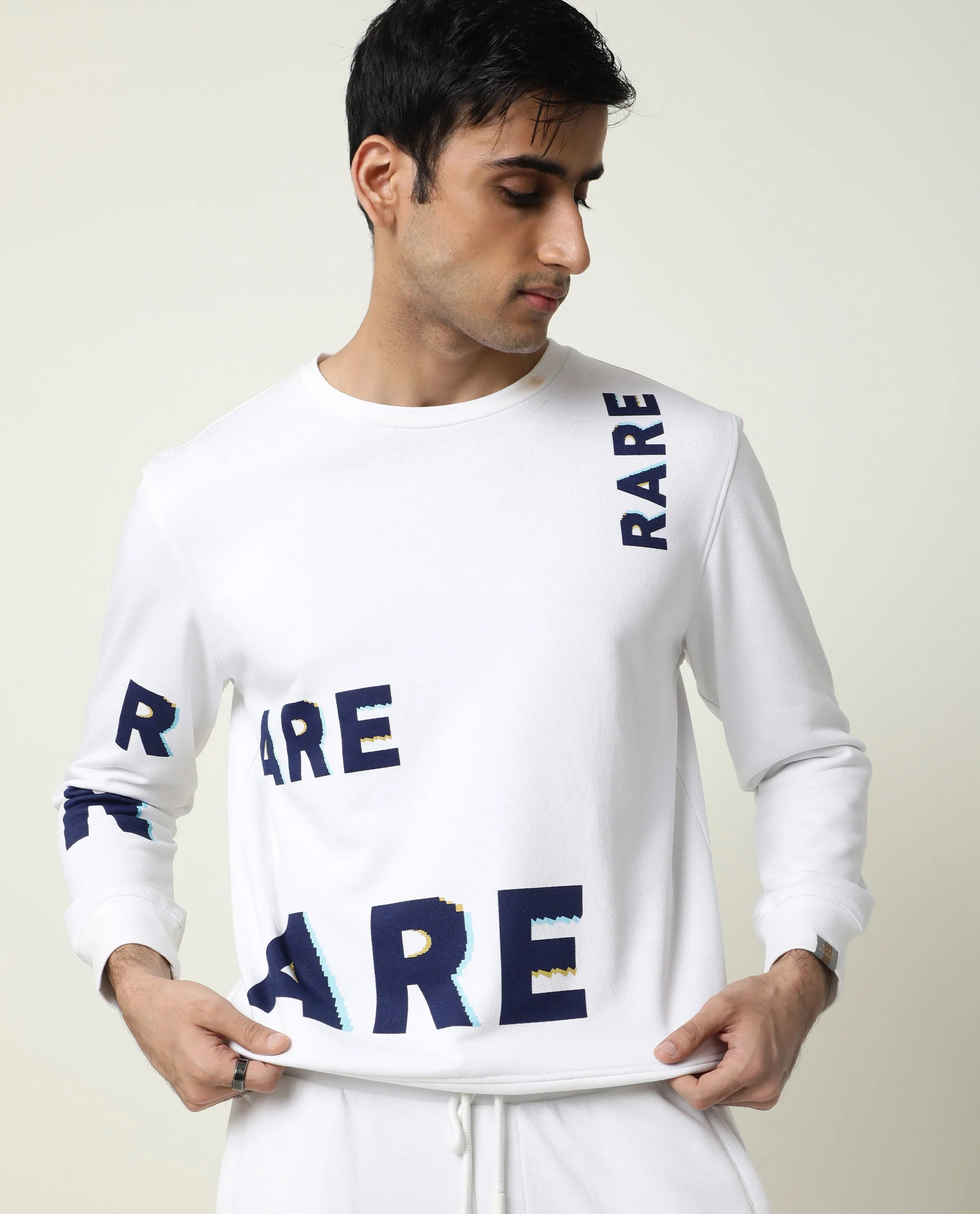 Rare Rabbit Men's Clovis White Cotton Monogram Print Slim Fit Full Sleeve Crew Neck Sweatshirt - Image 5