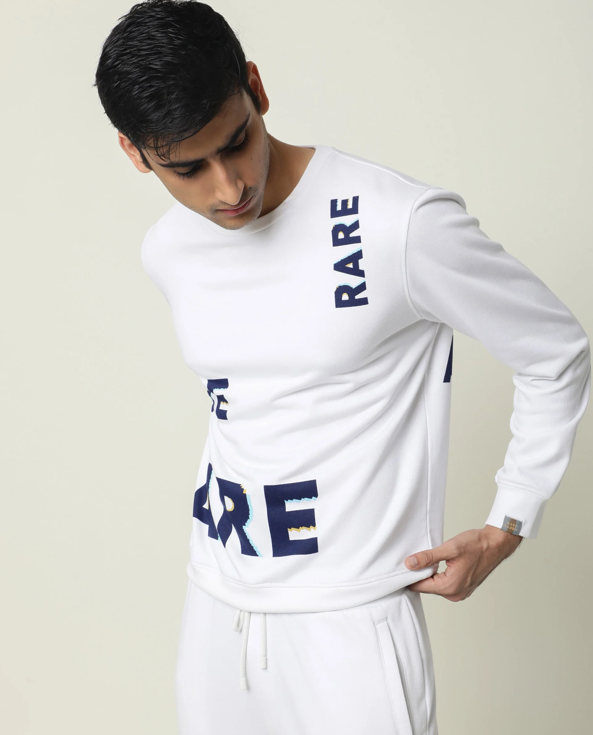 Rare Rabbit Men's Clovis White Cotton Monogram Print Slim Fit Full Sleeve Crew Neck Sweatshirt - Image 6