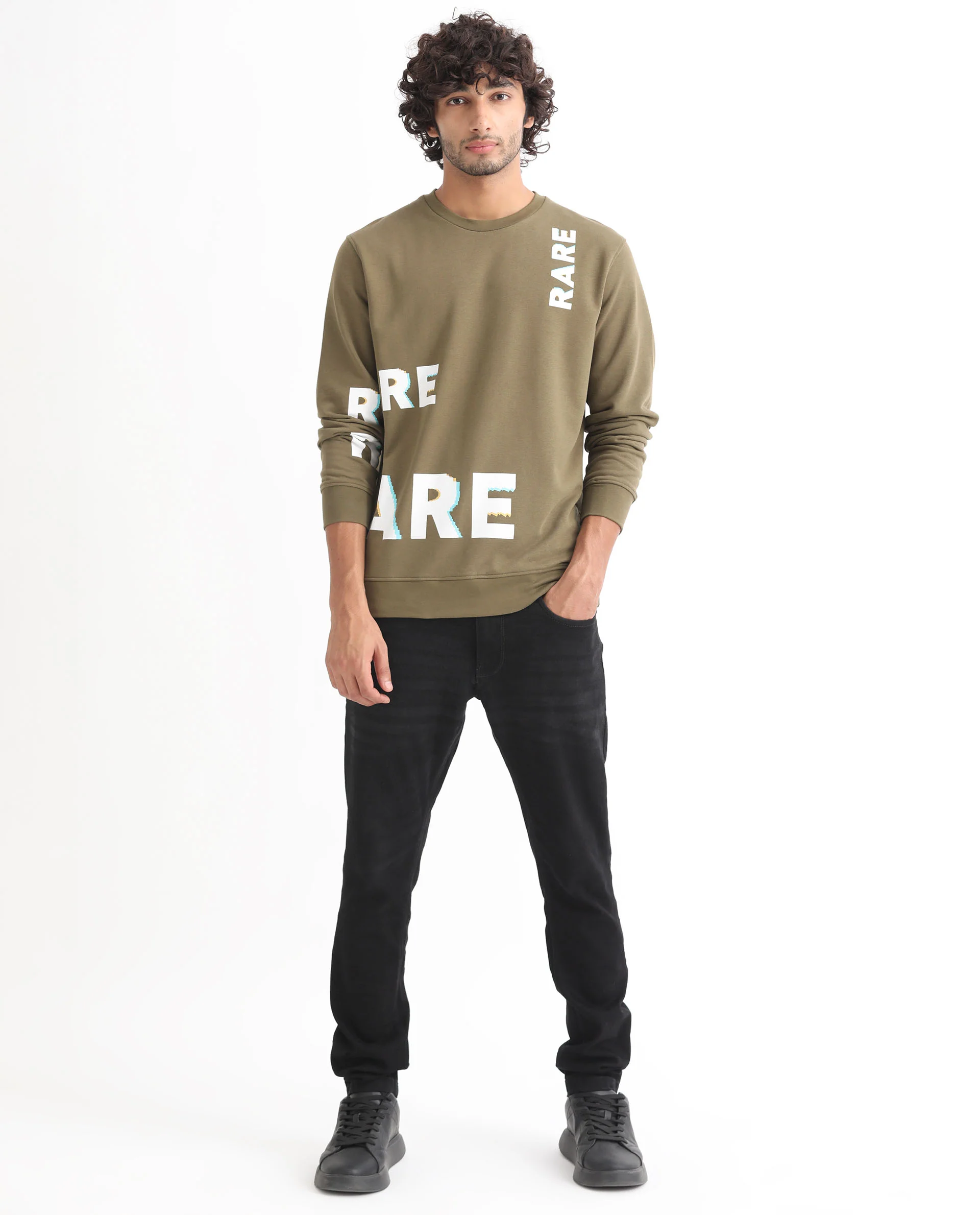 Rare Rabbit Men's Cloviss Olive Cotton Monogram Print Regular Fit Full Sleeve Crew Neck Sweatshirt - Image 2