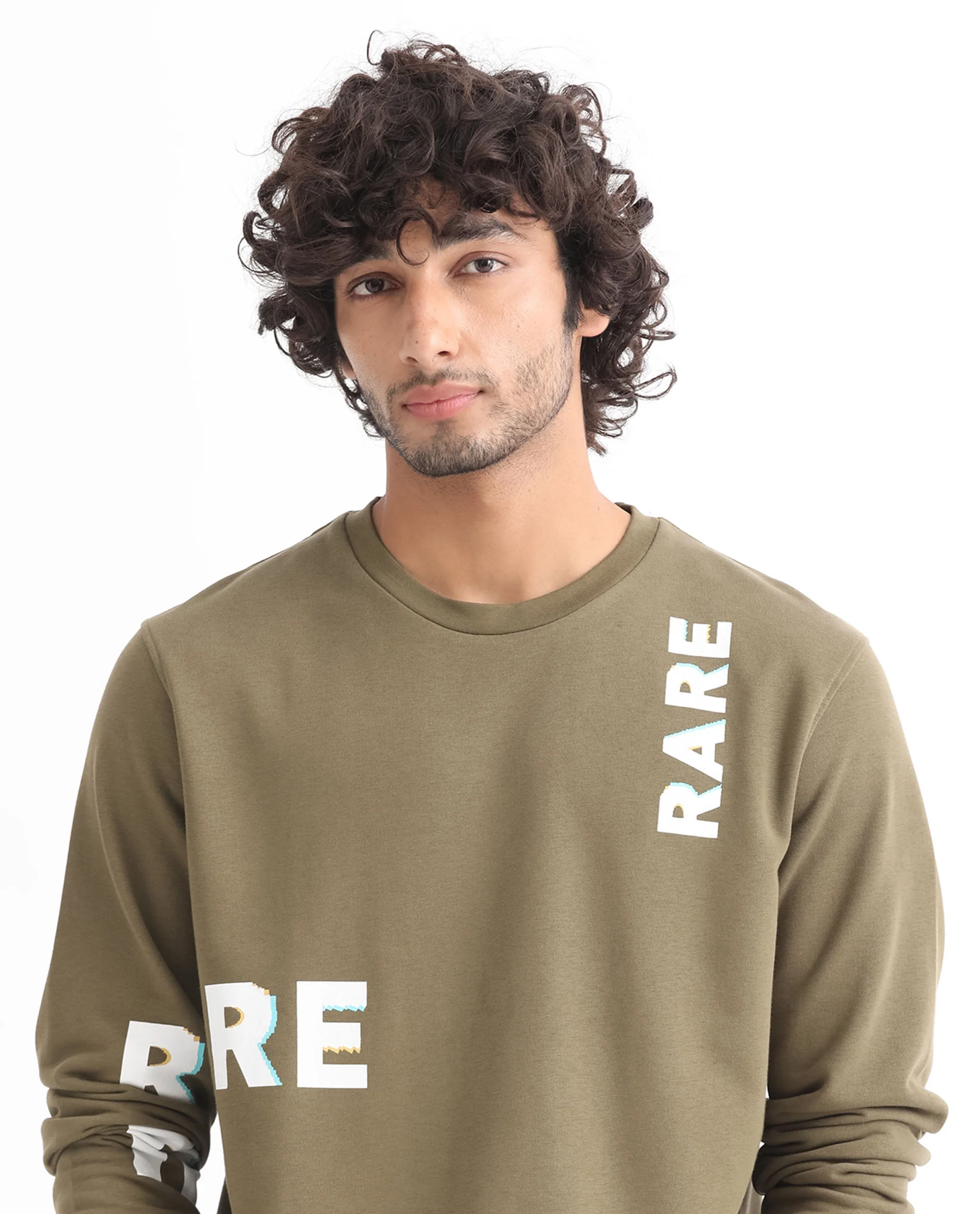Rare Rabbit Men's Cloviss Olive Cotton Monogram Print Regular Fit Full Sleeve Crew Neck Sweatshirt - Image 3