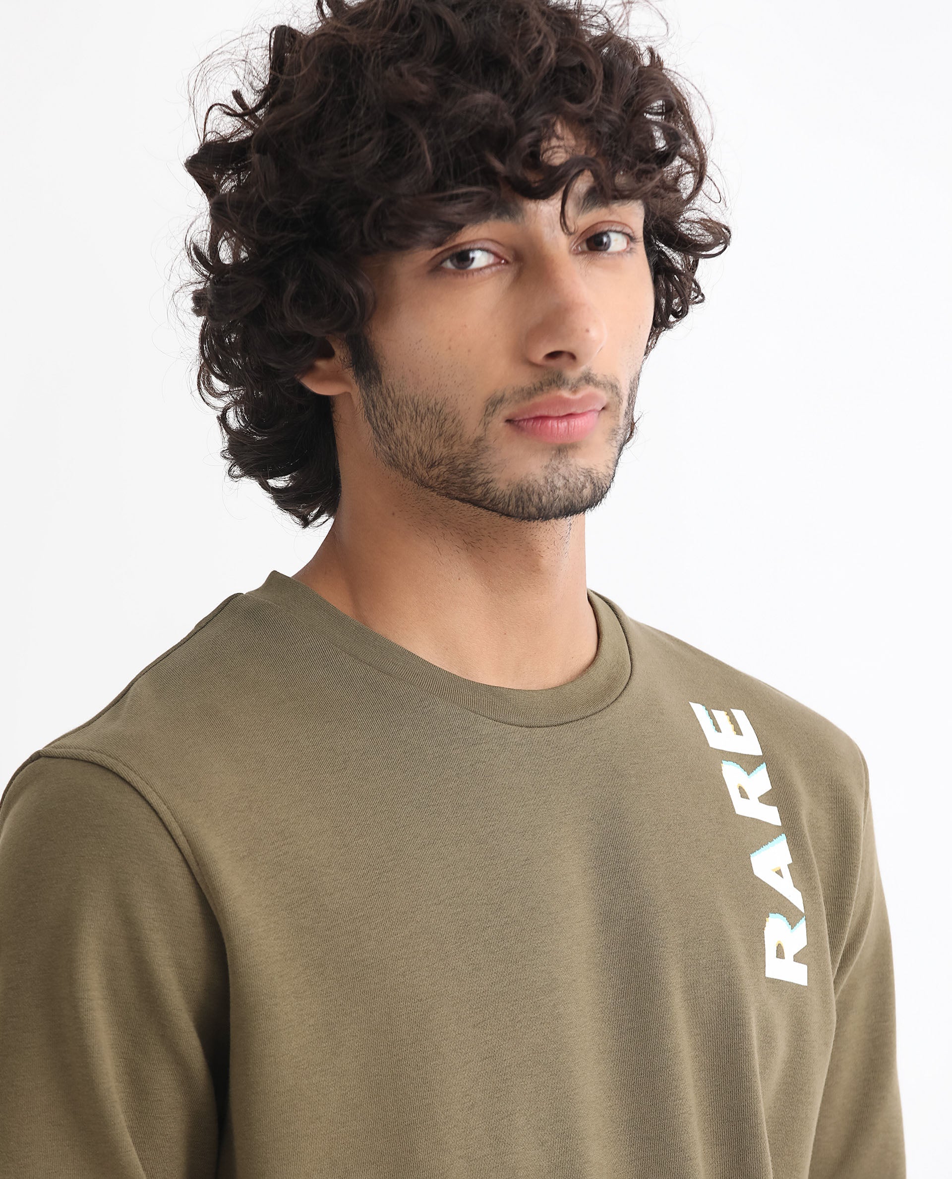 Rare Rabbit Men's Cloviss Olive Cotton Monogram Print Regular Fit Full Sleeve Crew Neck Sweatshirt - Image 4